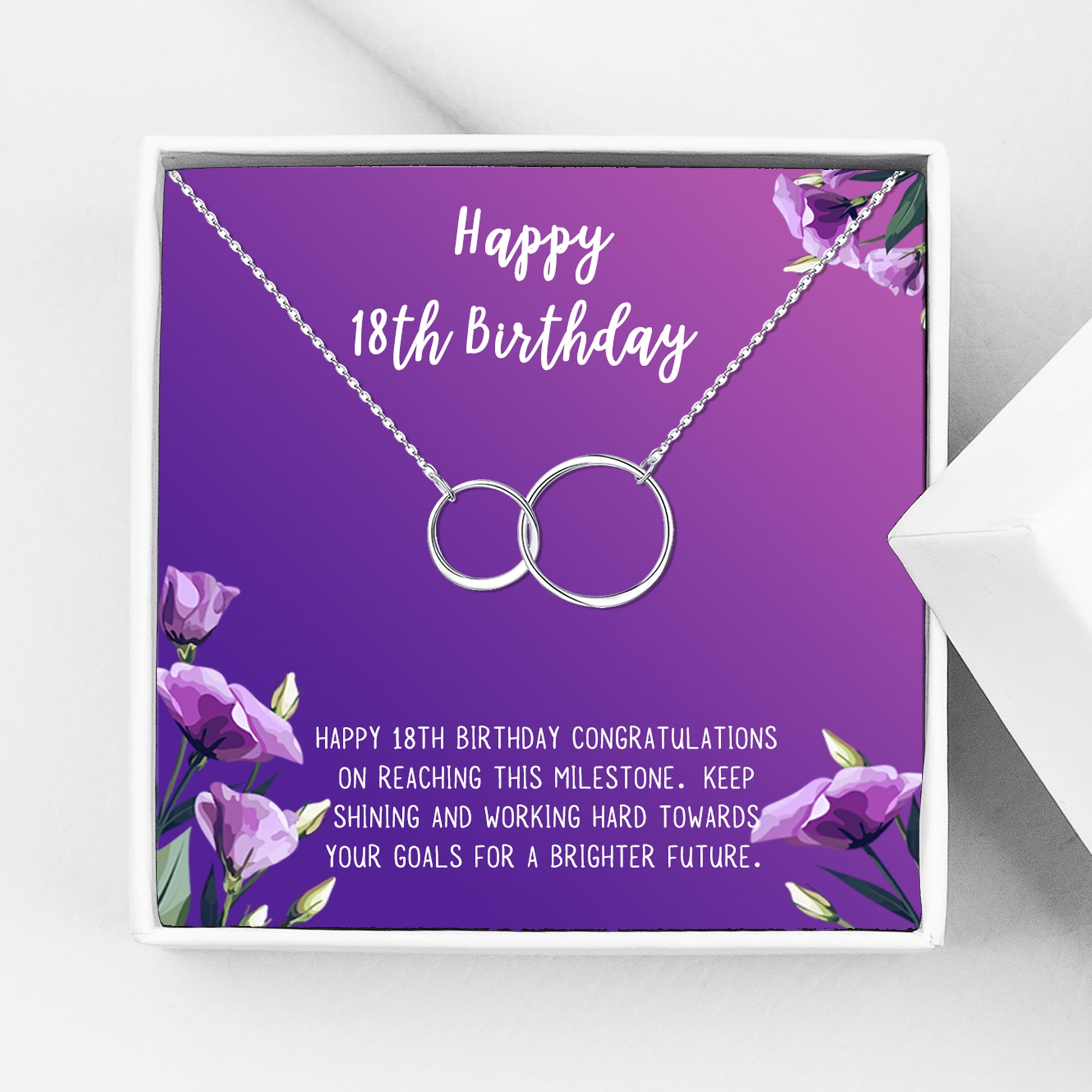 Anavia Happy 18th Birthday Gifts Stainless Steel Fashion Necklace Birthday Card Jewelry Gift for Girl, Birthday Gift for Daughter-[Silver Infinity Double Ring, Royal Purple Gift Card]