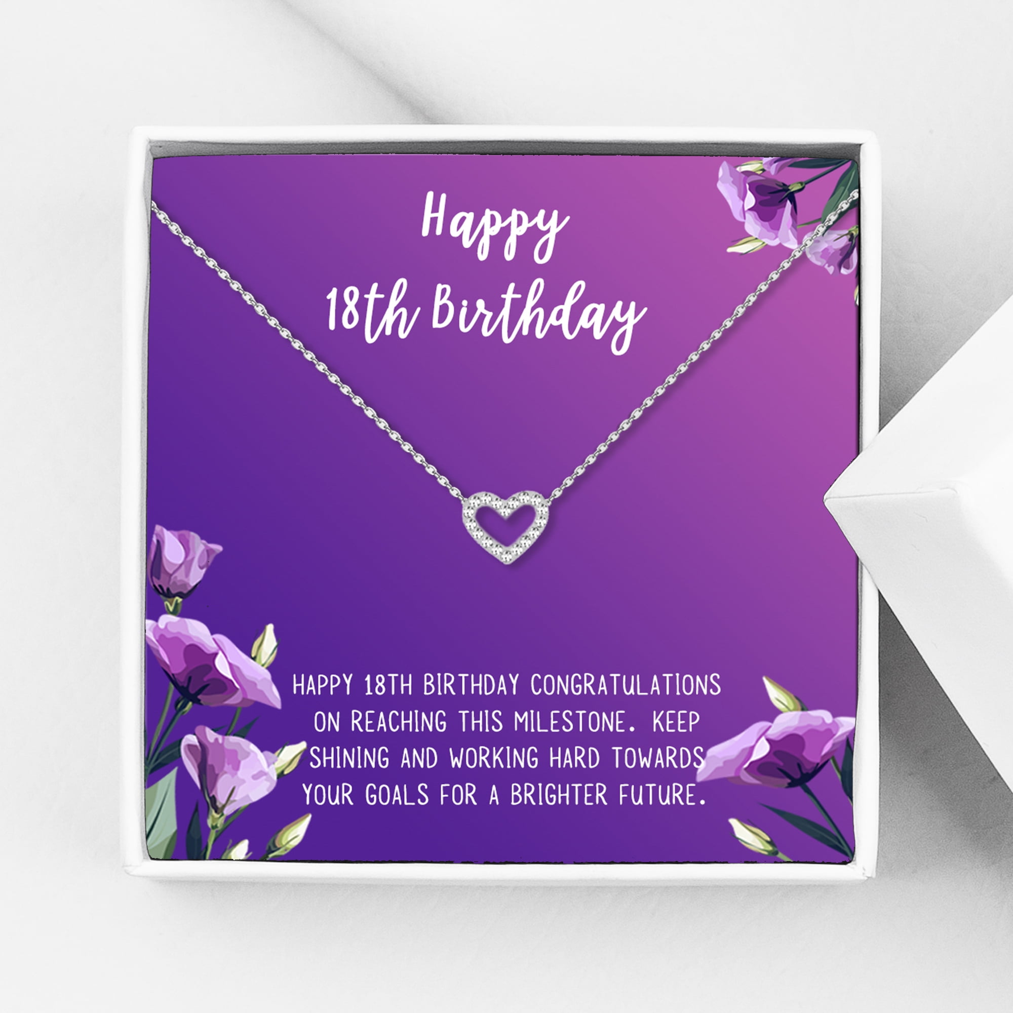 Anavia Happy 18th Birthday Gifts Stainless Steel Fashion Necklace Birthday Card Jewelry Gift for Girl, Birthday Gift for Daughter-[Silver Mini Crystal Heart, Royal Purple Gift Card]