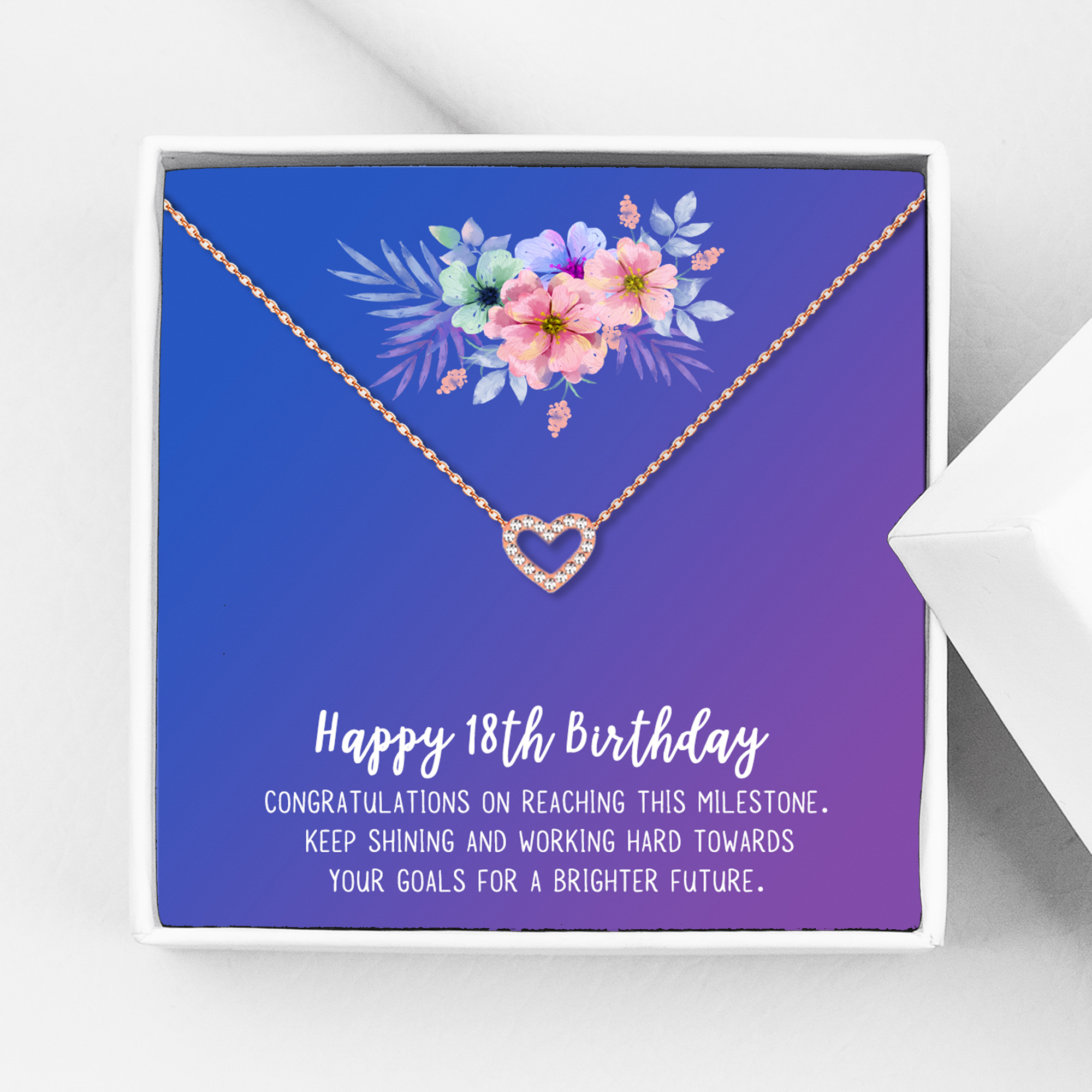 Anavia Happy 18th Birthday Gifts Stainless Steel Fashion Necklace Birthday Card Jewelry Gift for Girl, Birthday Gift for Daughter-[Rose Gold Mini Crystal Heart, Blue-Purple Gift Card]
