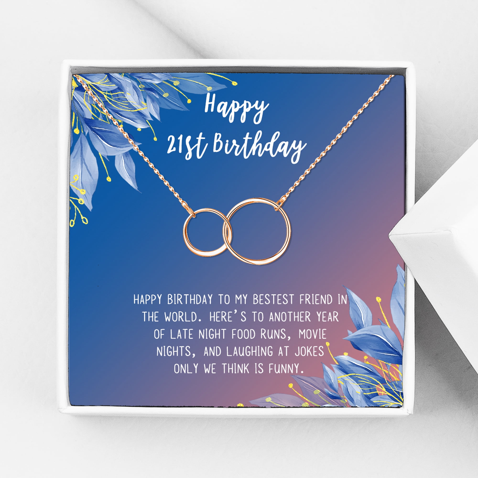 Anavia Happy 21st Birthday Gifts Stainless Steel Fashion Necklace Birthday Card Jewelry Gift for Her, Birthday Gift for Daughter-[Rose Gold Infinity Double Ring, Blue-Orange Gift Card]