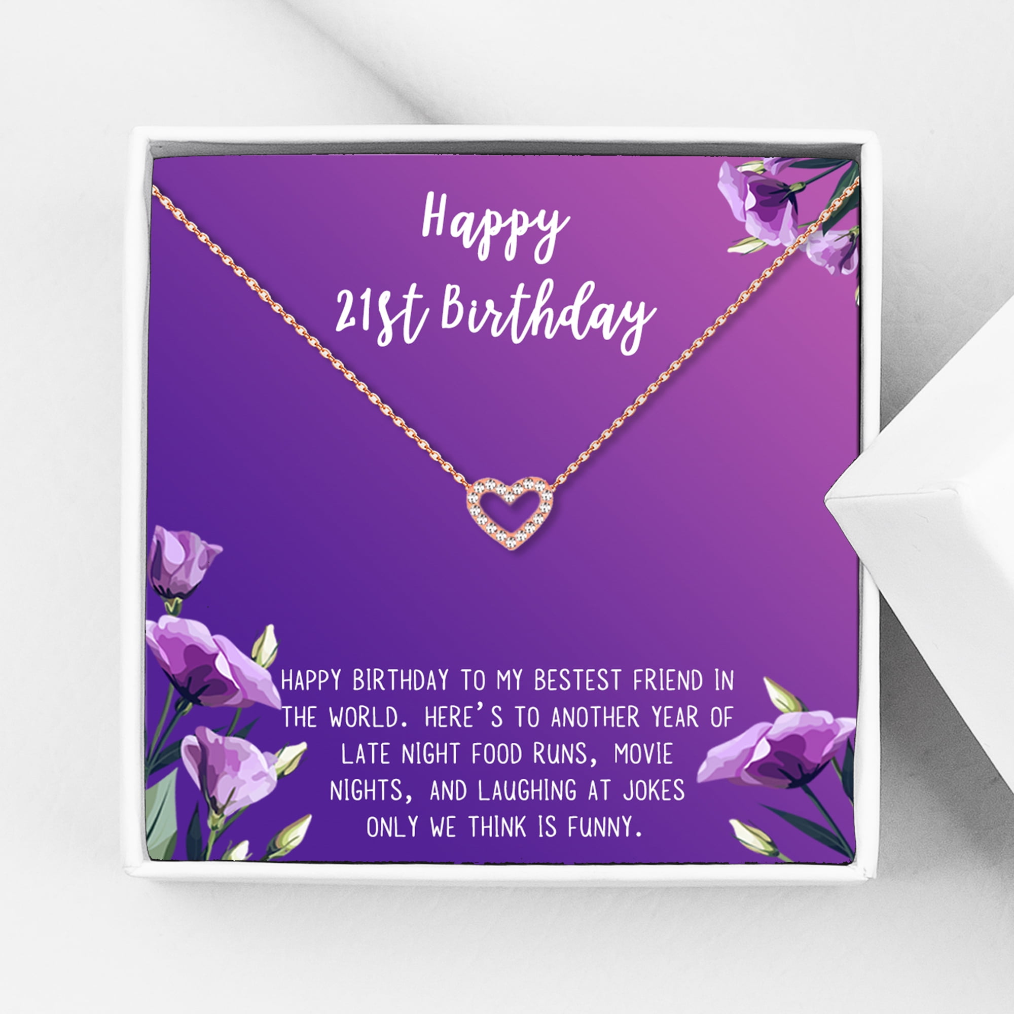Anavia Happy 21st Birthday Gifts Stainless Steel Fashion Necklace Birthday Card Jewelry Gift for Her, Birthday Gift for Daughter-[Rose Gold Mini Crystal Heart, Royal Purple Gift Card]
