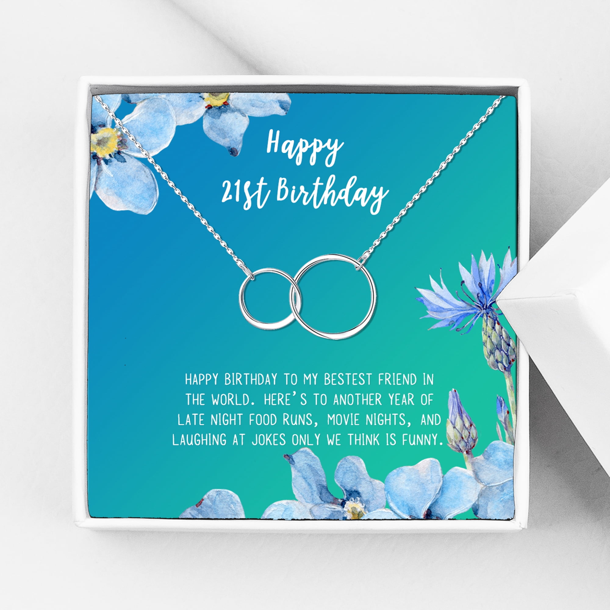 Anavia Happy 21st Birthday Gifts Stainless Steel Fashion Necklace Birthday Card Jewelry Gift for Her, Birthday Gift for Daughter-[Silver Infinity Double Ring, Bright Blue Gift Card]