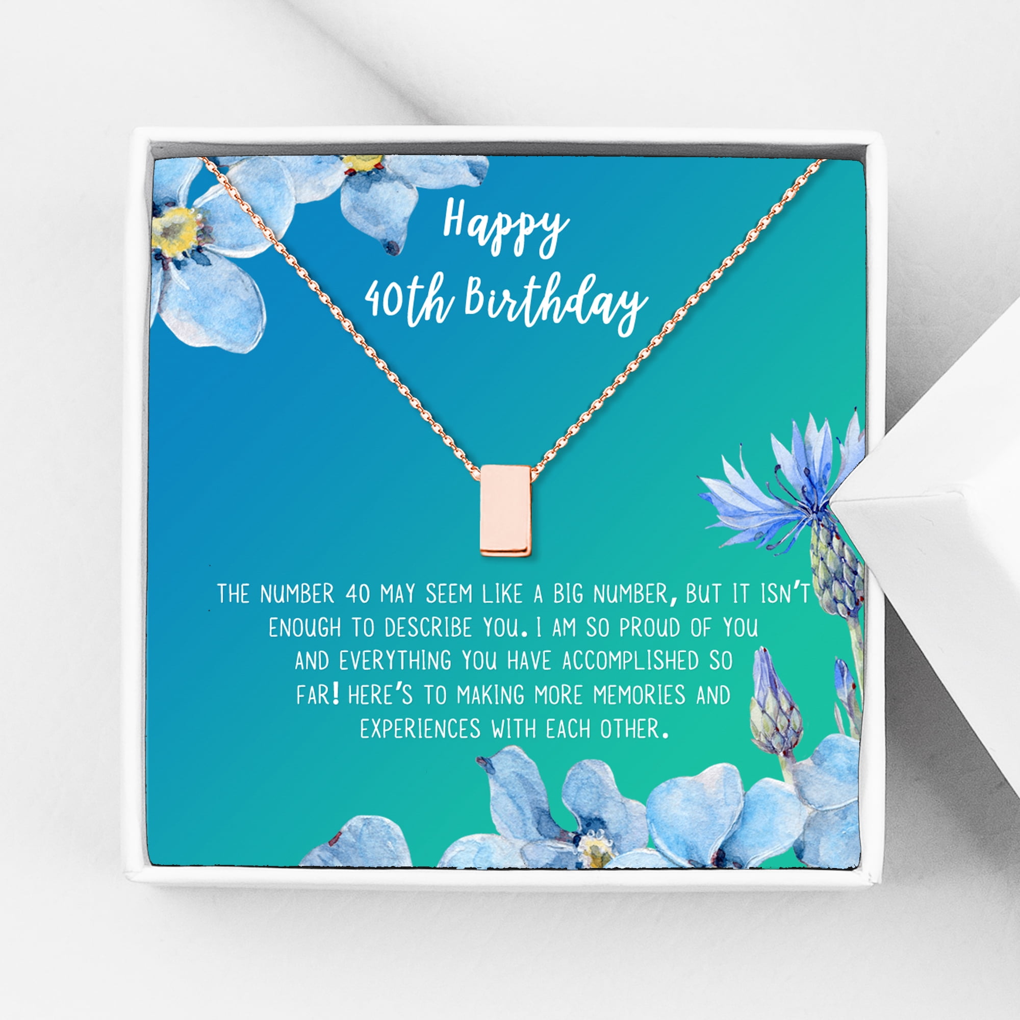 Anavia Happy 40st Birthday Gifts Stainless Steel Fashion Necklace Birthday Card Jewelry Gift for Her, Birthday Gift for Mom-[Rose Gold Cube, Bright Blue Gift Card]