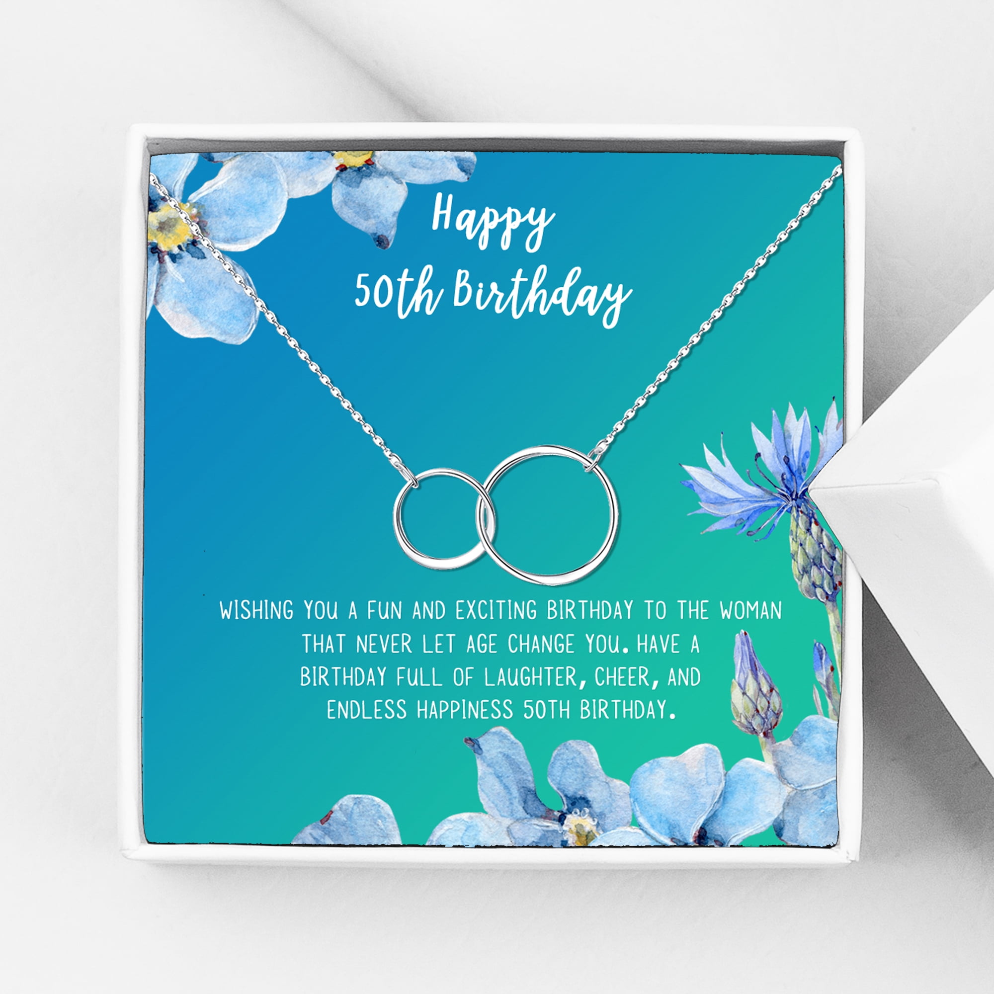 Anavia Happy 50st Birthday Gifts Stainless Steel Fashion Necklace Birthday Card Jewelry Gift for Her, Birthday Gift for Grandma-[Silver Infinity Double Ring, Bright Blue Gift Card]