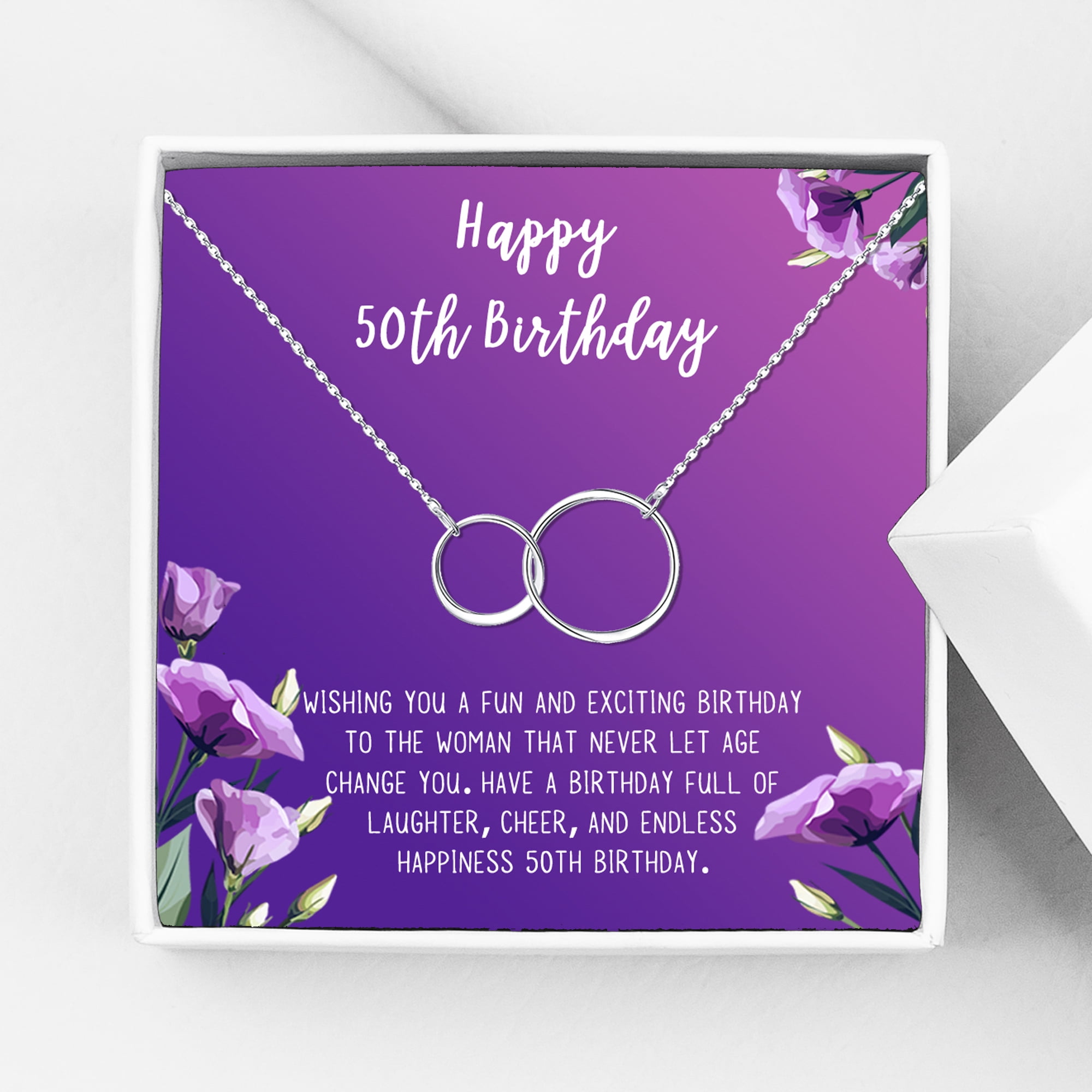 Anavia Happy 50st Birthday Gifts Stainless Steel Fashion Necklace Birthday Card Jewelry Gift for Her, Birthday Gift for Grandma-[Silver Infinity Double Ring, Royal Purple Gift Card]