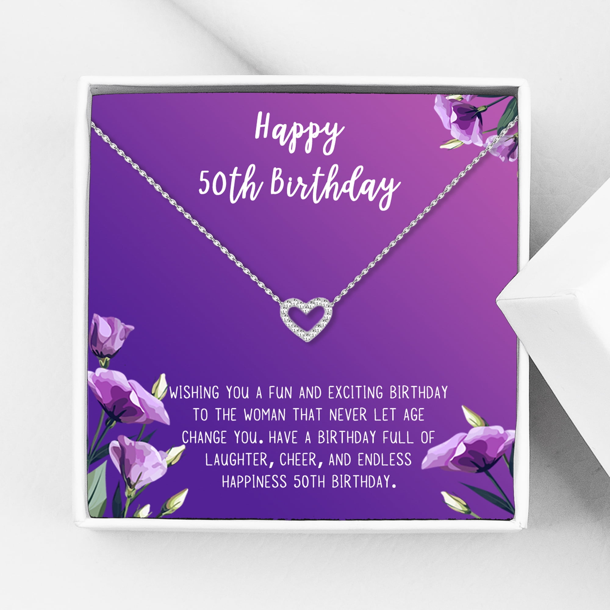 Anavia Happy 50st Birthday Gifts Stainless Steel Fashion Necklace Birthday Card Jewelry Gift for Her, Birthday Gift for Grandma-[Silver Mini Crystal Heart, Royal Purple Gift Card]