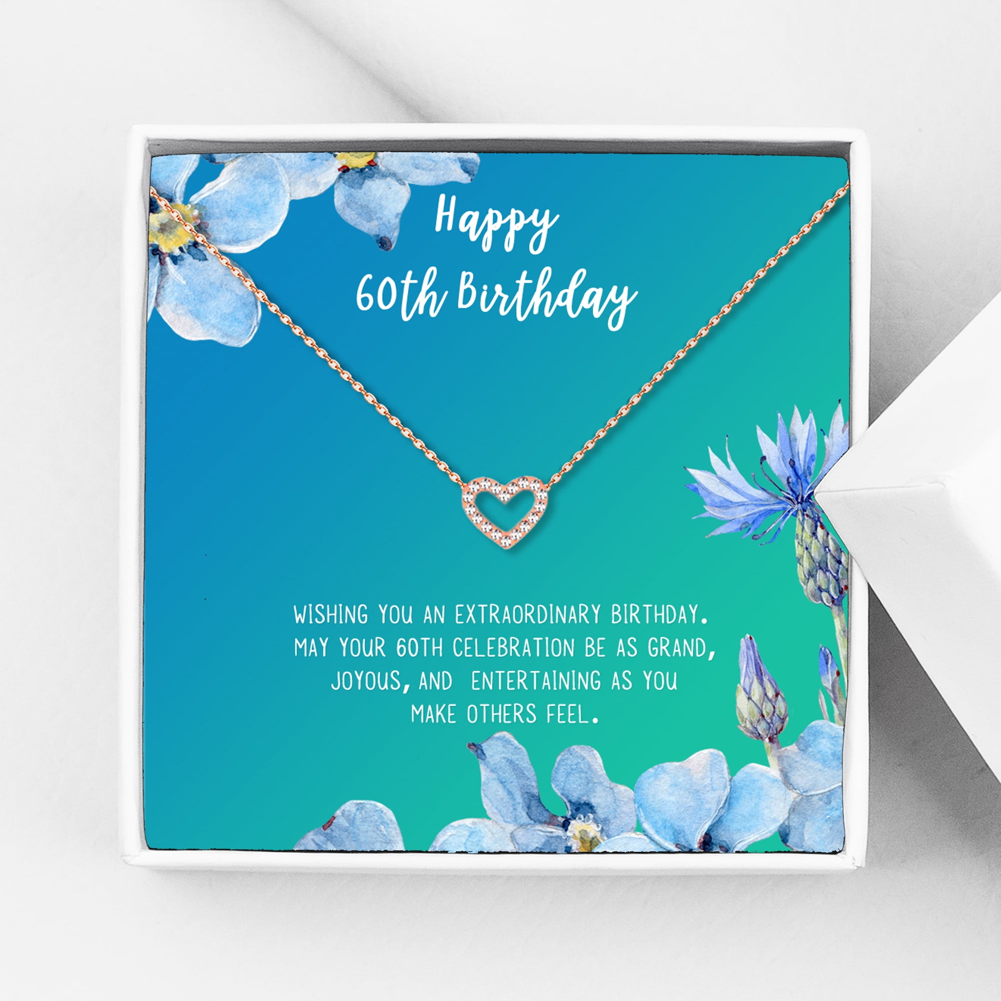 Anavia Happy 60st Birthday Gifts Stainless Steel Fashion Necklace Birthday Card Jewelry Gift for Her, Birthday Gift for Grandma-[Rose Gold Mini Crystal Heart, Bright Blue Gift Card]