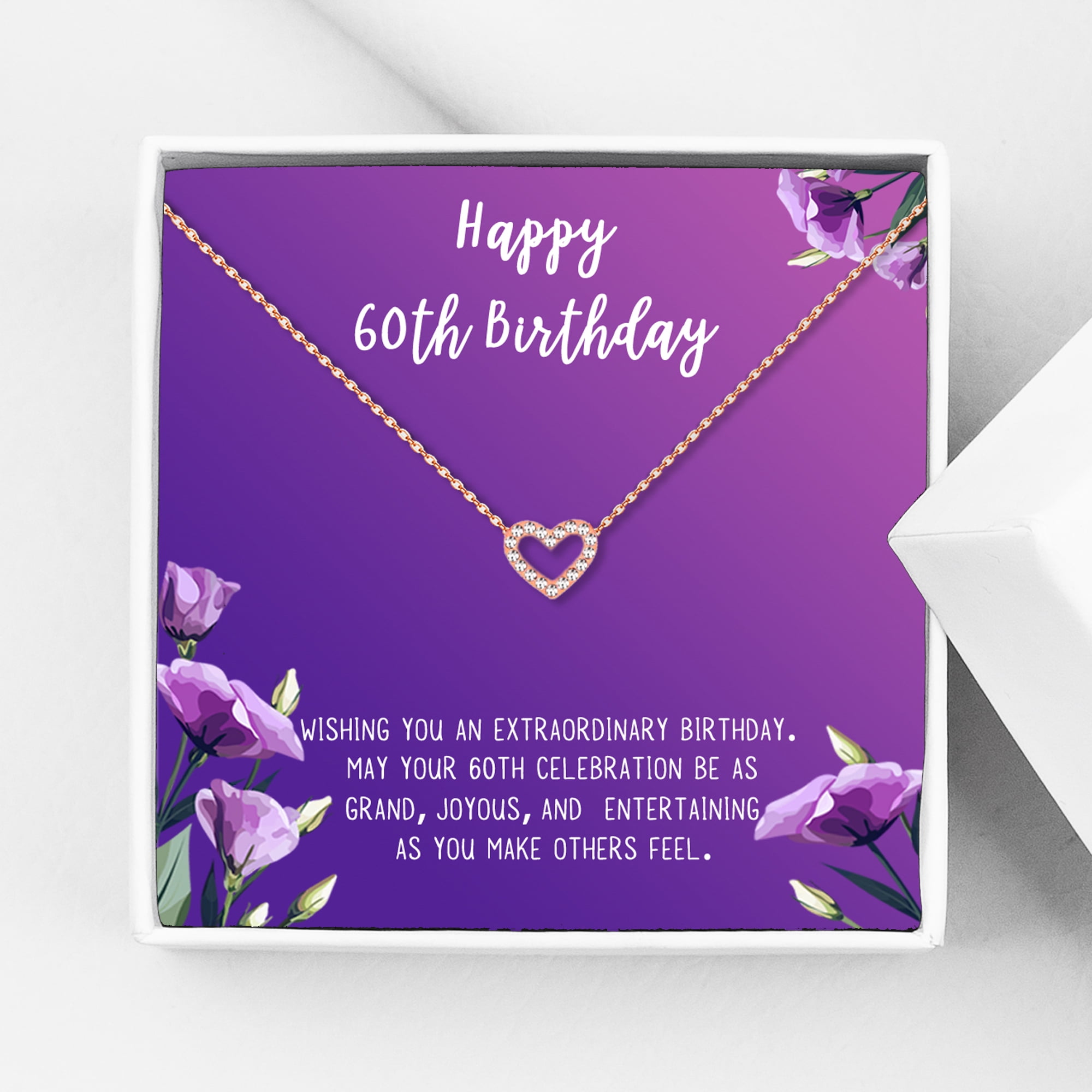 Anavia Happy 60st Birthday Gifts Stainless Steel Fashion Necklace Birthday Card Jewelry Gift for Her, Birthday Gift for Grandma-[Rose Gold Mini Crystal Heart, Royal Purple Gift Card]