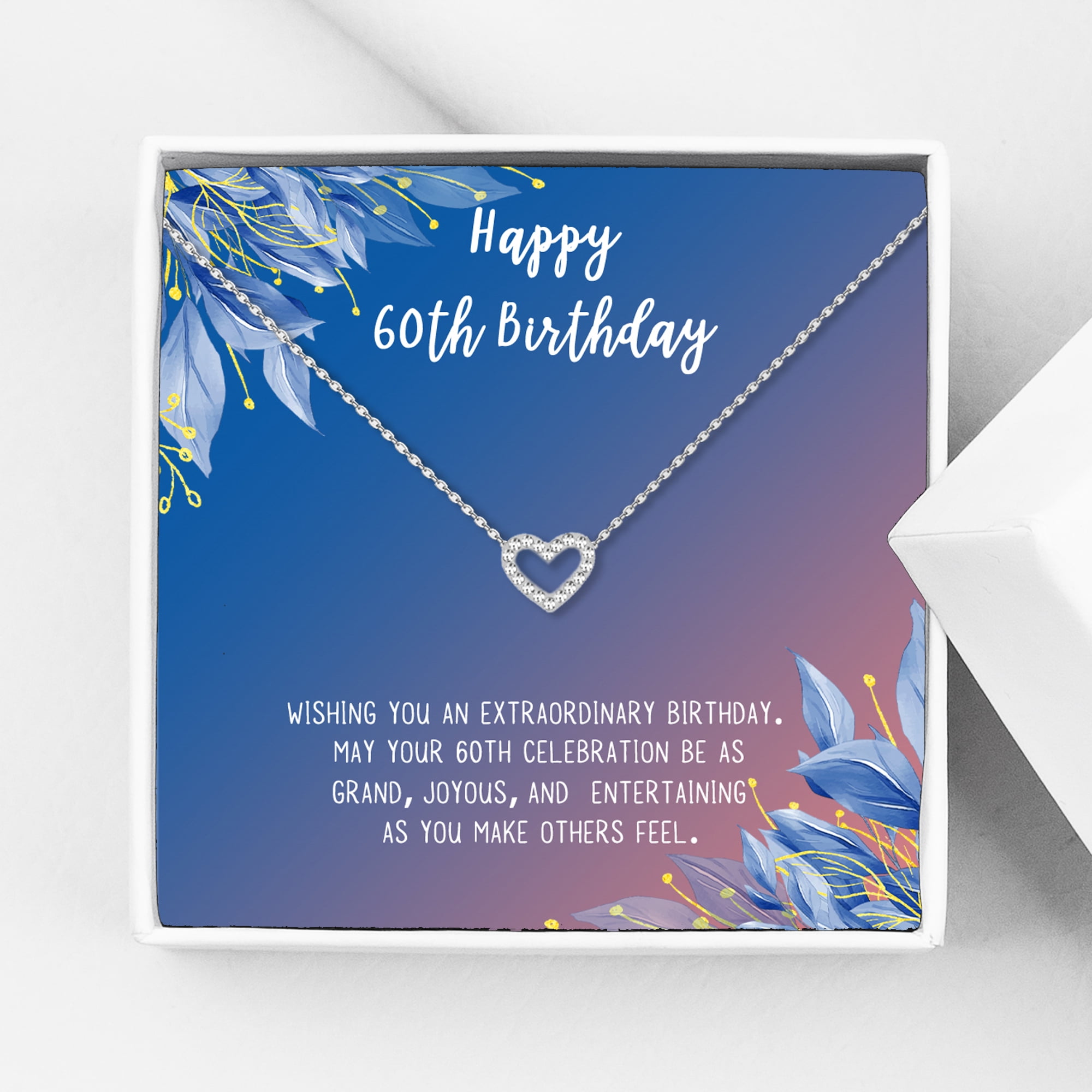 Anavia Happy 60st Birthday Gifts Stainless Steel Fashion Necklace Birthday Card Jewelry Gift for Her, Birthday Gift for Grandma-[Silver Mini Crystal Heart, Blue-Orange Gift Card]