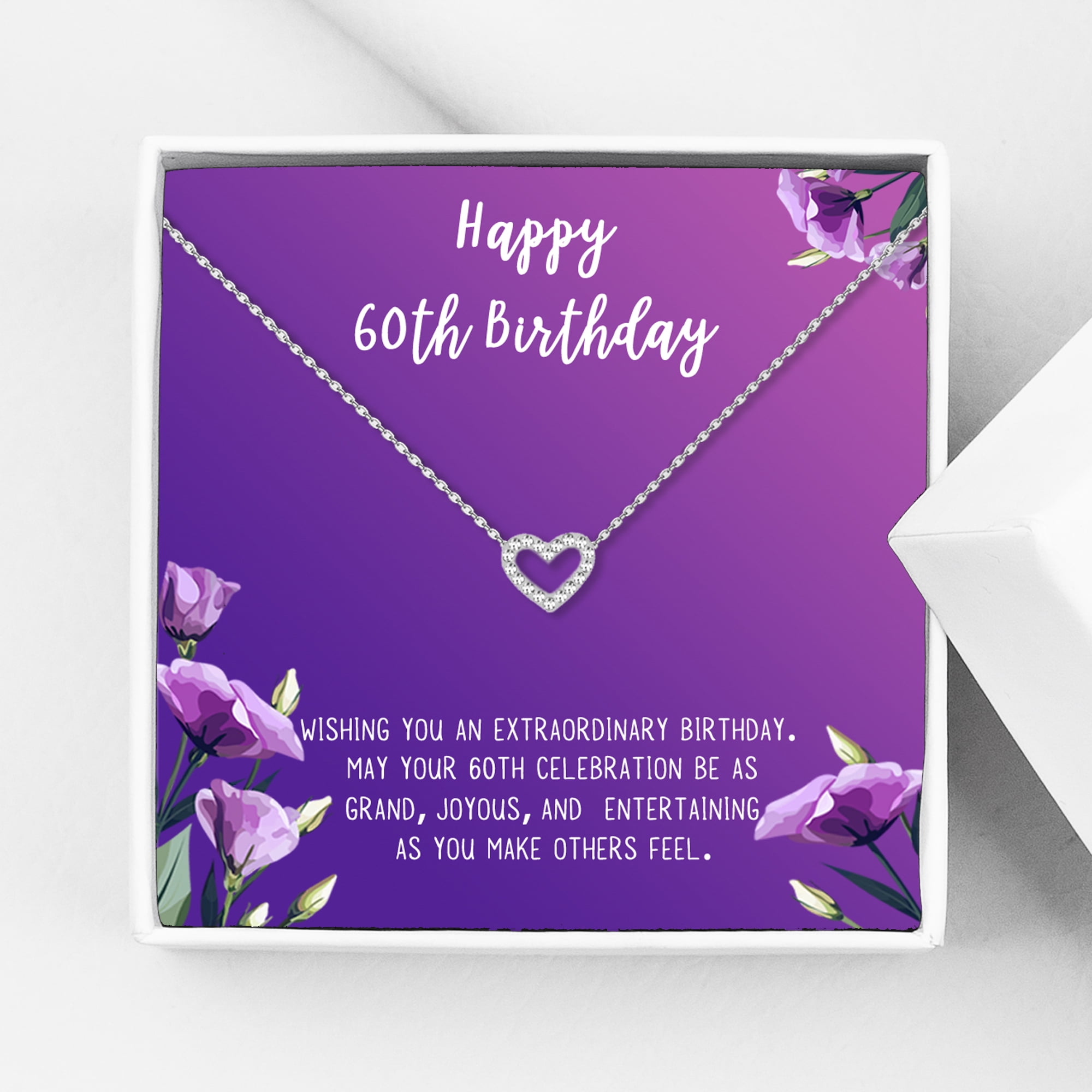 Anavia Happy 60st Birthday Gifts Stainless Steel Fashion Necklace Birthday Card Jewelry Gift for Her, Birthday Gift for Grandma-[Silver Mini Crystal Heart, Royal Purple Gift Card]