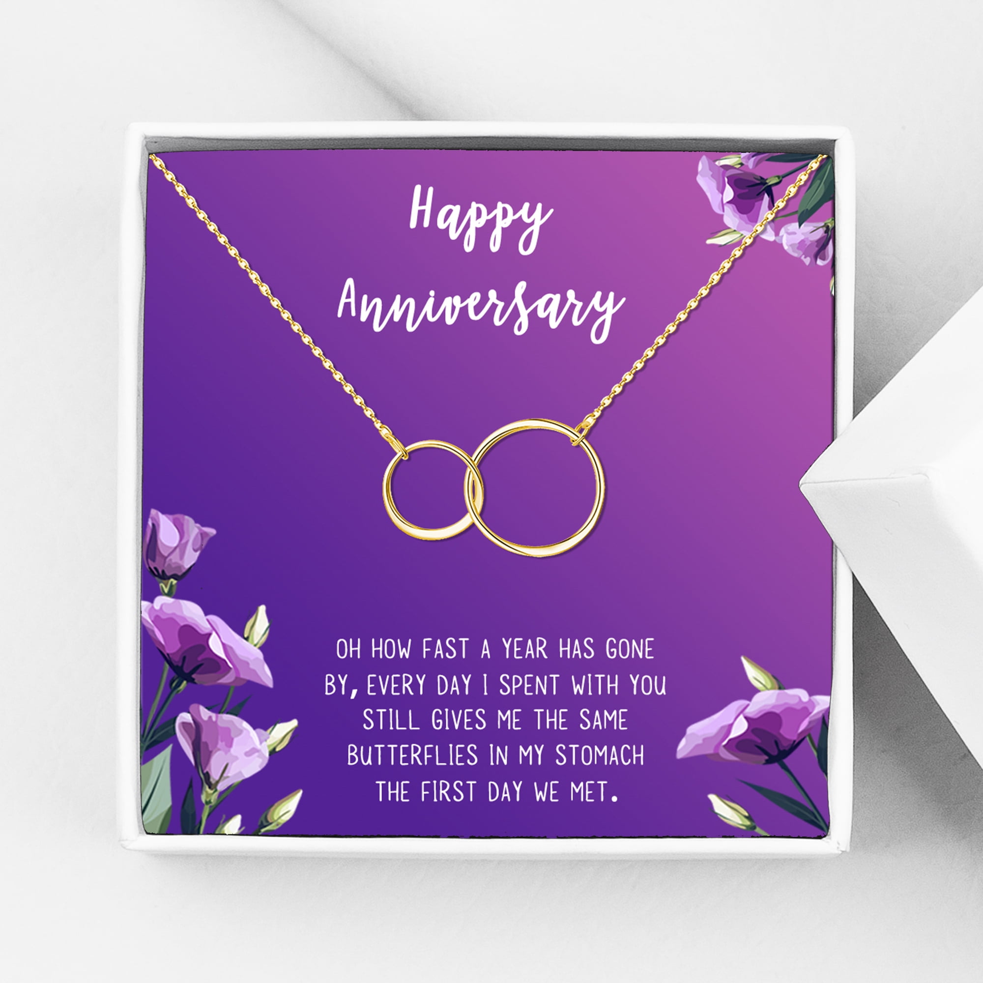 Anavia Happy Anniversary Gift Necklace,Wedding Anniversary Gift for Wife,Express Love Card Jewelry Gift-[Gold Infinity Double Ring, Royal Purple Gift Card]