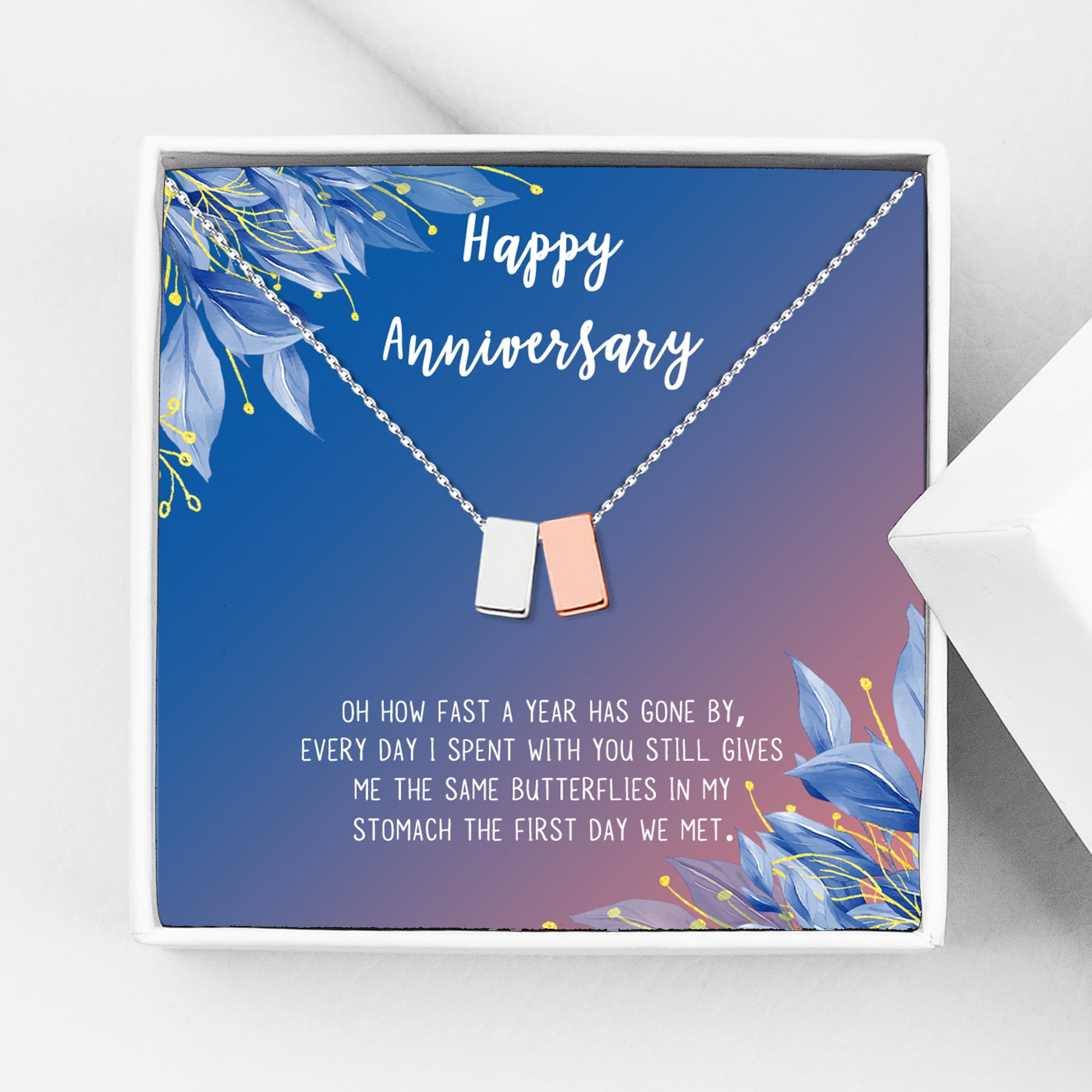 Anavia Happy Anniversary Gift Necklace,Wedding Anniversary Gift for Wife,Express Love Card Jewelry Gift-[Silver and Rose Gold Double Cube, Blue-Orange Gift Card]