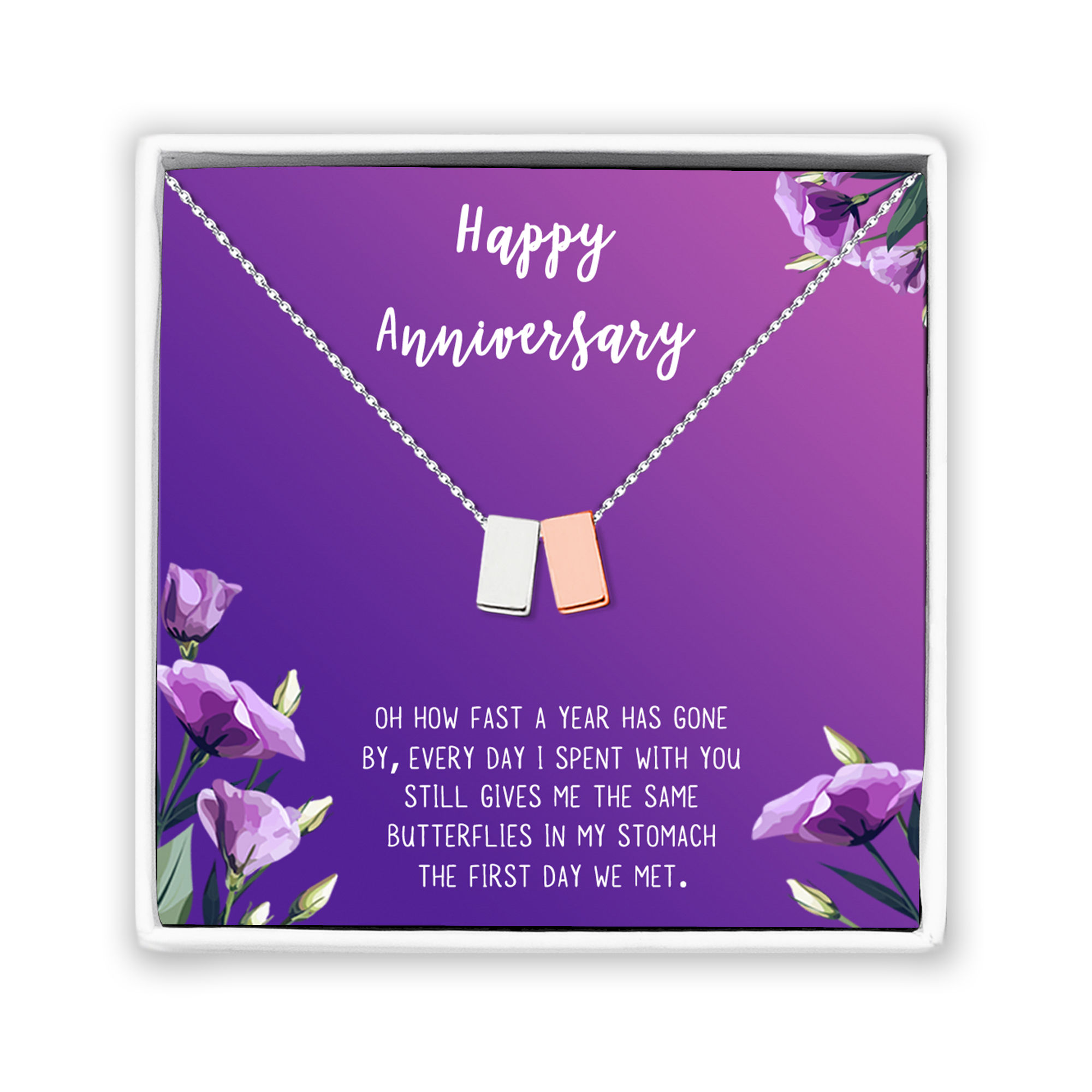 Anavia Happy Anniversary Gift Necklace,Wedding Anniversary Gift for Wife,Express Love Card Jewelry Gift-[Silver and Rose Gold Double Cube, Royal Purple Gift Card]