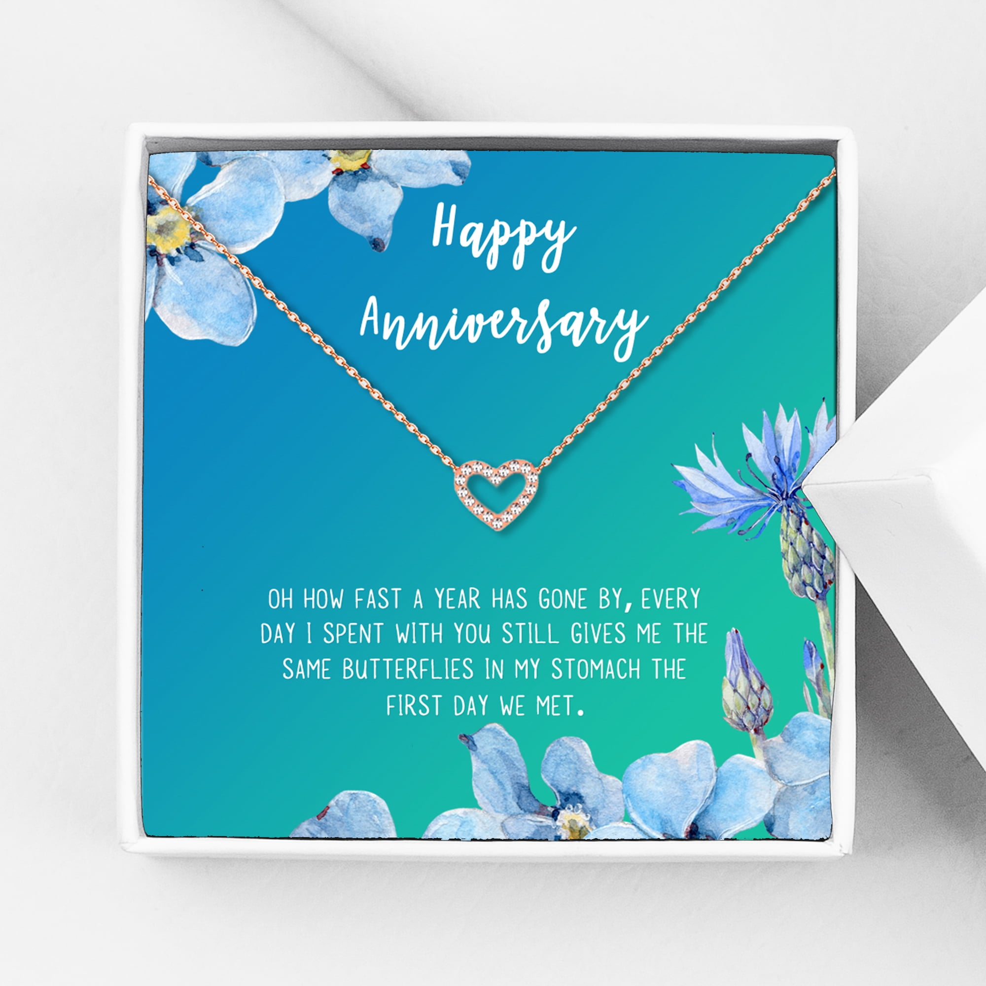 Anavia Happy Anniversary Gift Necklace,Wedding Anniversary Gift for Wife,Express Love Card Jewelry Gift-[Rose Gold Mini Crystal Heart, Bright Blue