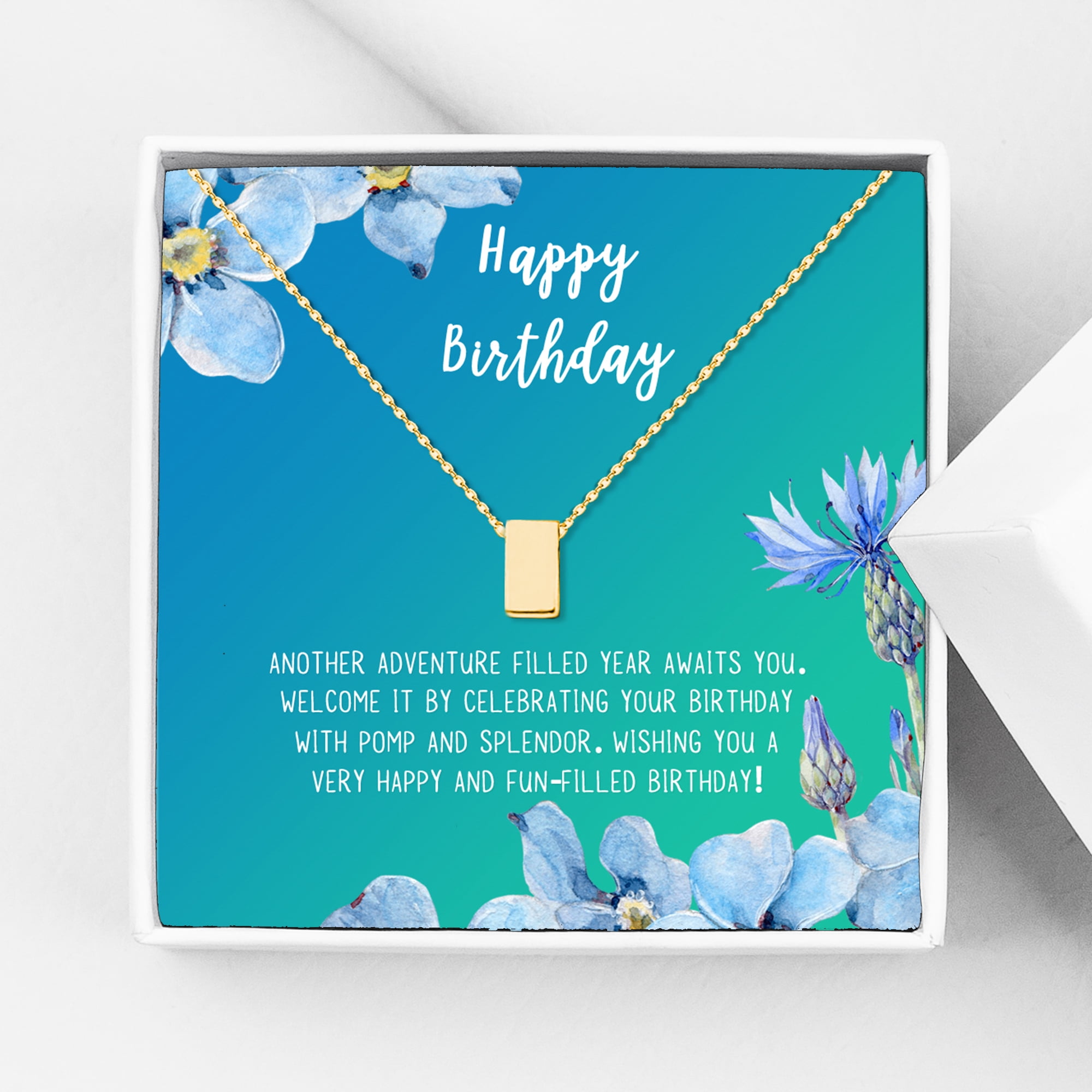 Anavia Happy Birthday Gifts Stainless Steel Fashion Necklace Birthday Card Jewelry Gift for Her, Birthday Gift for Friend-[Gold Cube, Bright Blue Gift Card]
