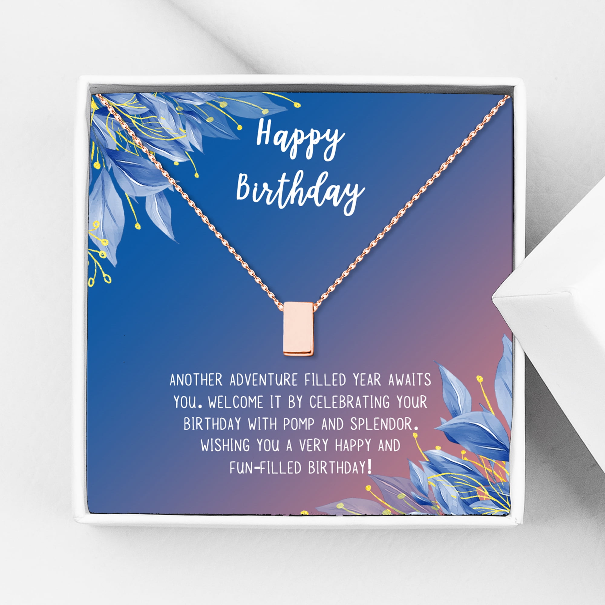 Anavia Happy Birthday Gifts Stainless Steel Fashion Necklace Birthday Card Jewelry Gift for Her, Birthday Gift for Friend-[Rose Gold Cube,Blue-Orange Gift Card]