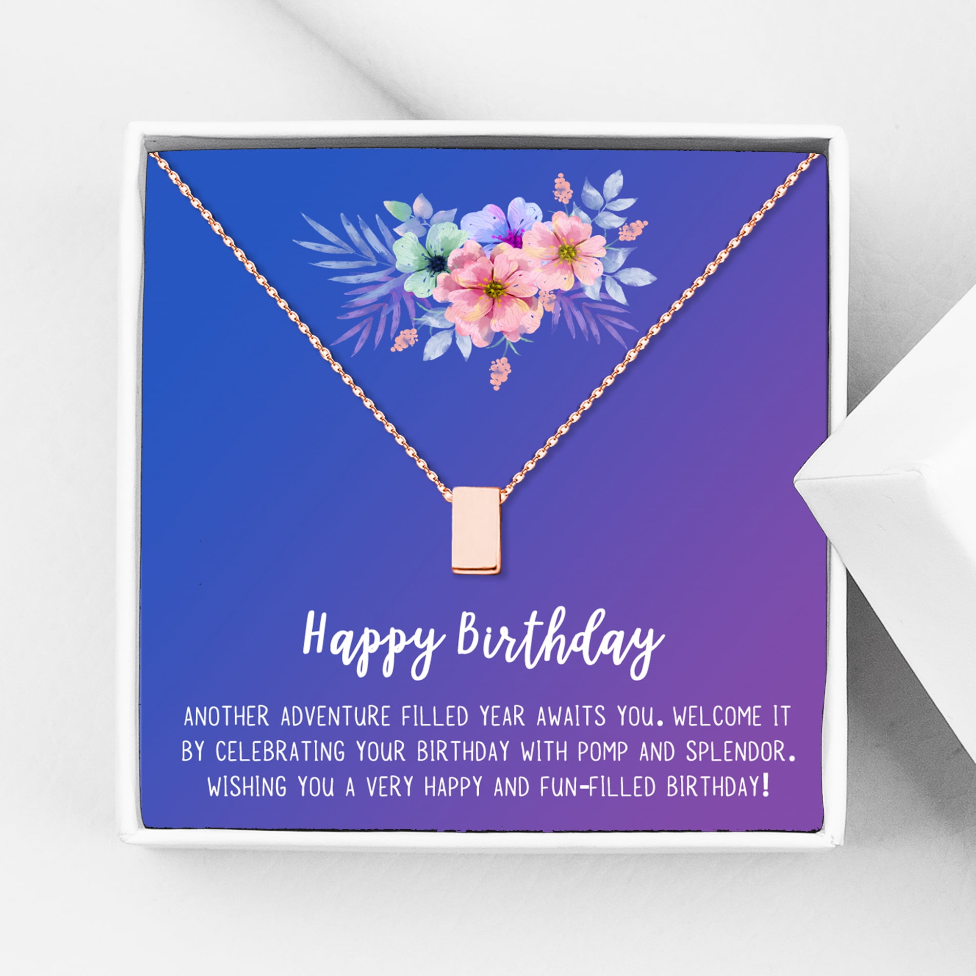 Anavia Happy Birthday Gifts Stainless Steel Fashion Necklace Birthday Card Jewelry Gift for Her, Birthday Gift for Friend-[Rose Gold Cube, Blue-Purple Gift Card]