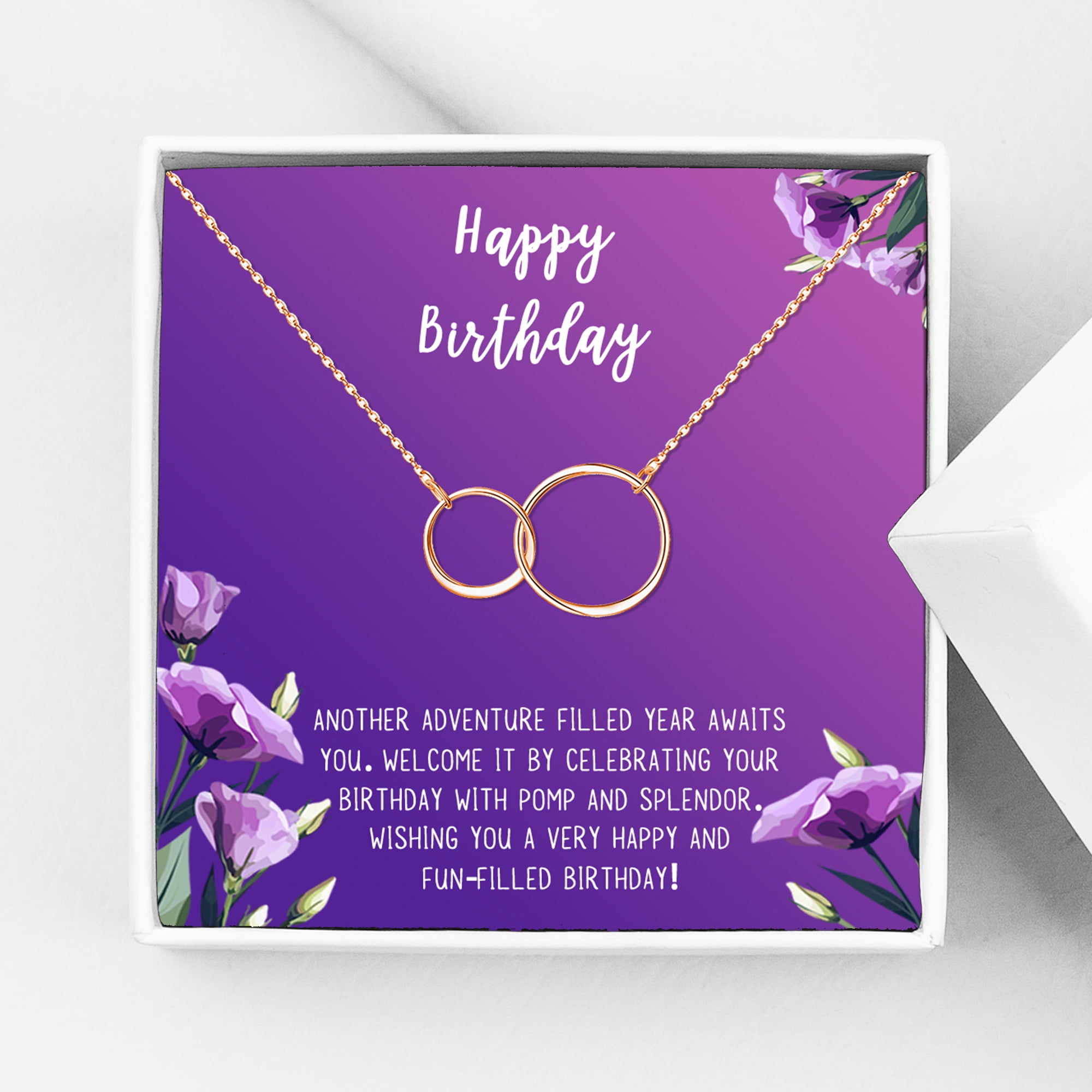 Anavia Happy Birthday Gifts Stainless Steel Fashion Necklace Birthday Card Jewelry Gift for Her, Birthday Gift for Friend-[Rose Gold Infinity Double Ring,Royal Purple Gift Card]