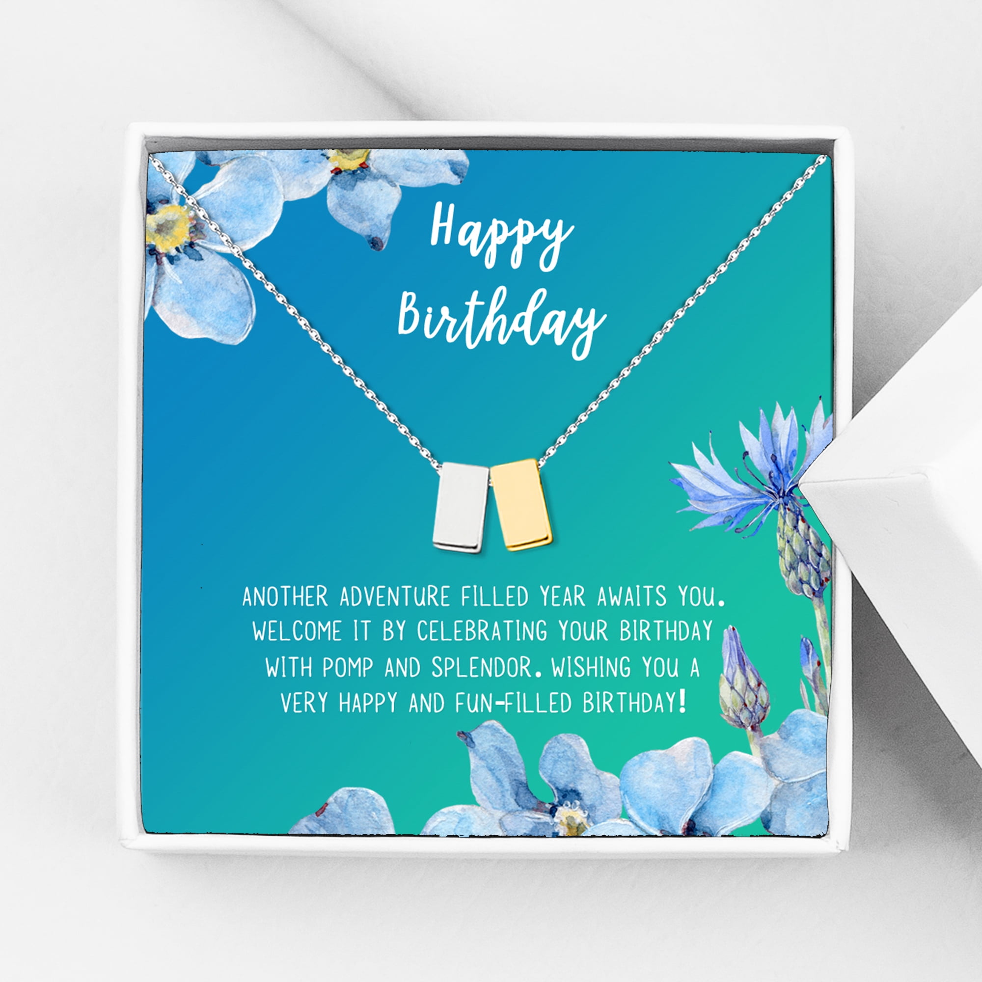 Anavia Happy Birthday Gifts Stainless Steel Fashion Necklace Birthday Card Jewelry Gift for Her, Birthday Gift for Friend-[Silver and Gold Double Cube, Bright Blue Gift Card]