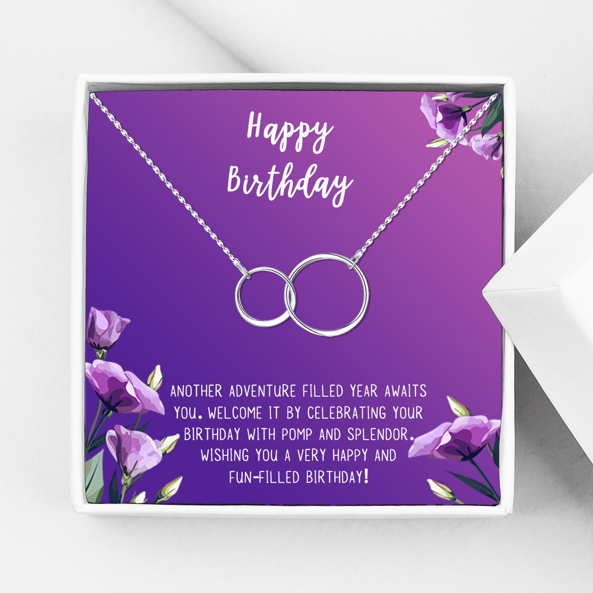 Anavia Happy Birthday Gifts Stainless Steel Fashion Necklace Birthday Card Jewelry Gift for Her, Birthday Gift for Friend-[Silver Infinity Double Ring,Royal Purple Gift Card]