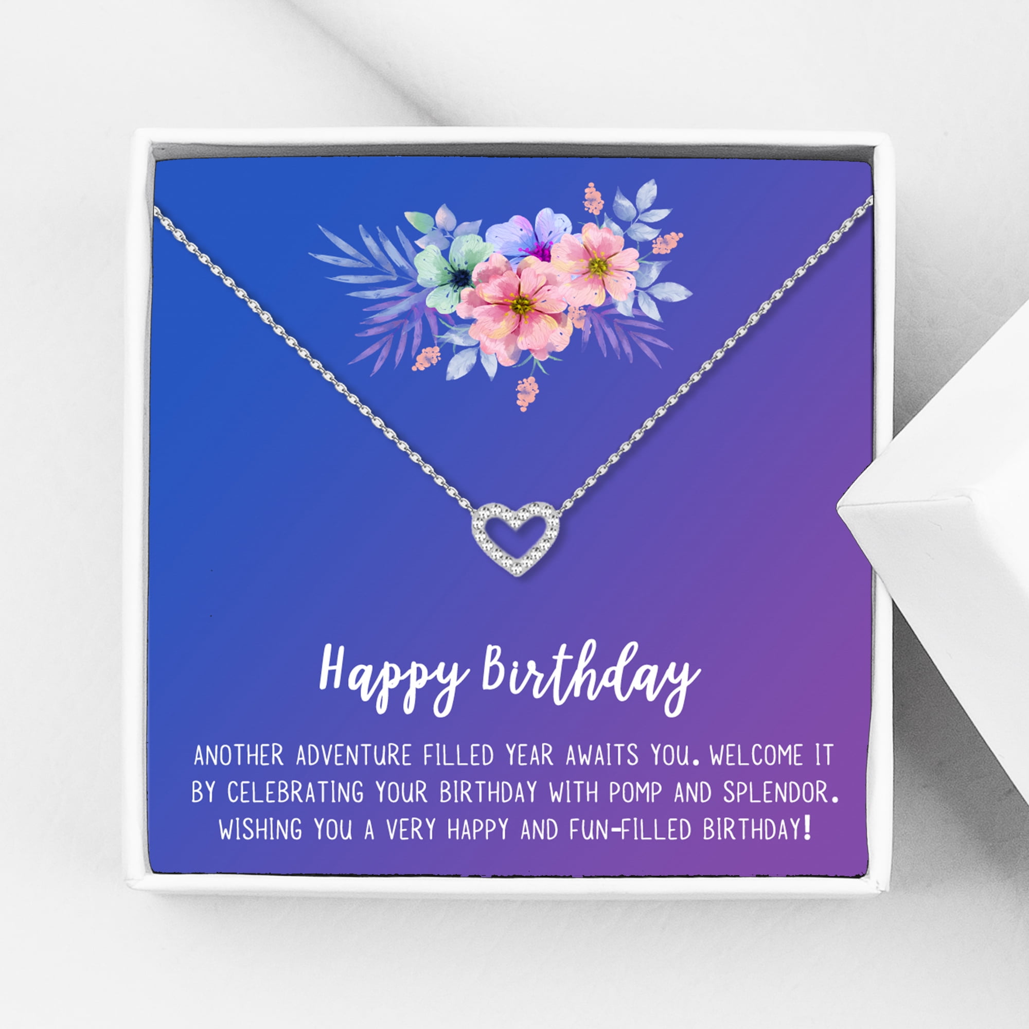 Anavia Happy Birthday Gifts Stainless Steel Fashion Necklace Birthday Card Jewelry Gift for Her, Birthday Gift for Friend-[Silver Mini Crystal Heart, Blue-Purple Gift Card]