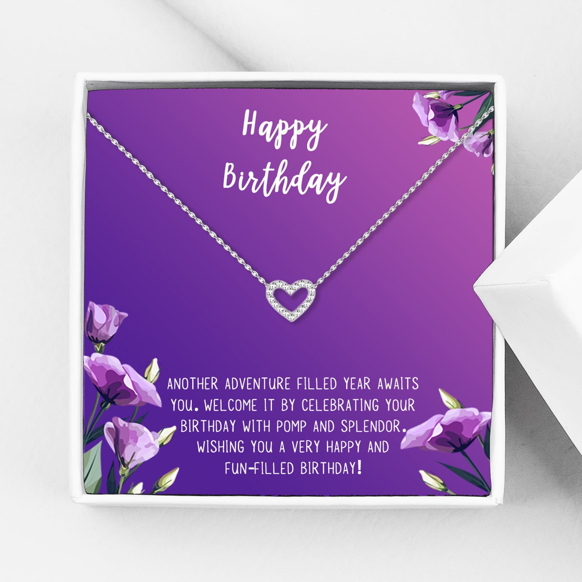 Anavia Happy Birthday Gifts Stainless Steel Fashion Necklace Birthday Card Jewelry Gift for Her, Birthday Gift for Friend-[Silver Mini Crystal Heart,Royal Purple Gift Card]