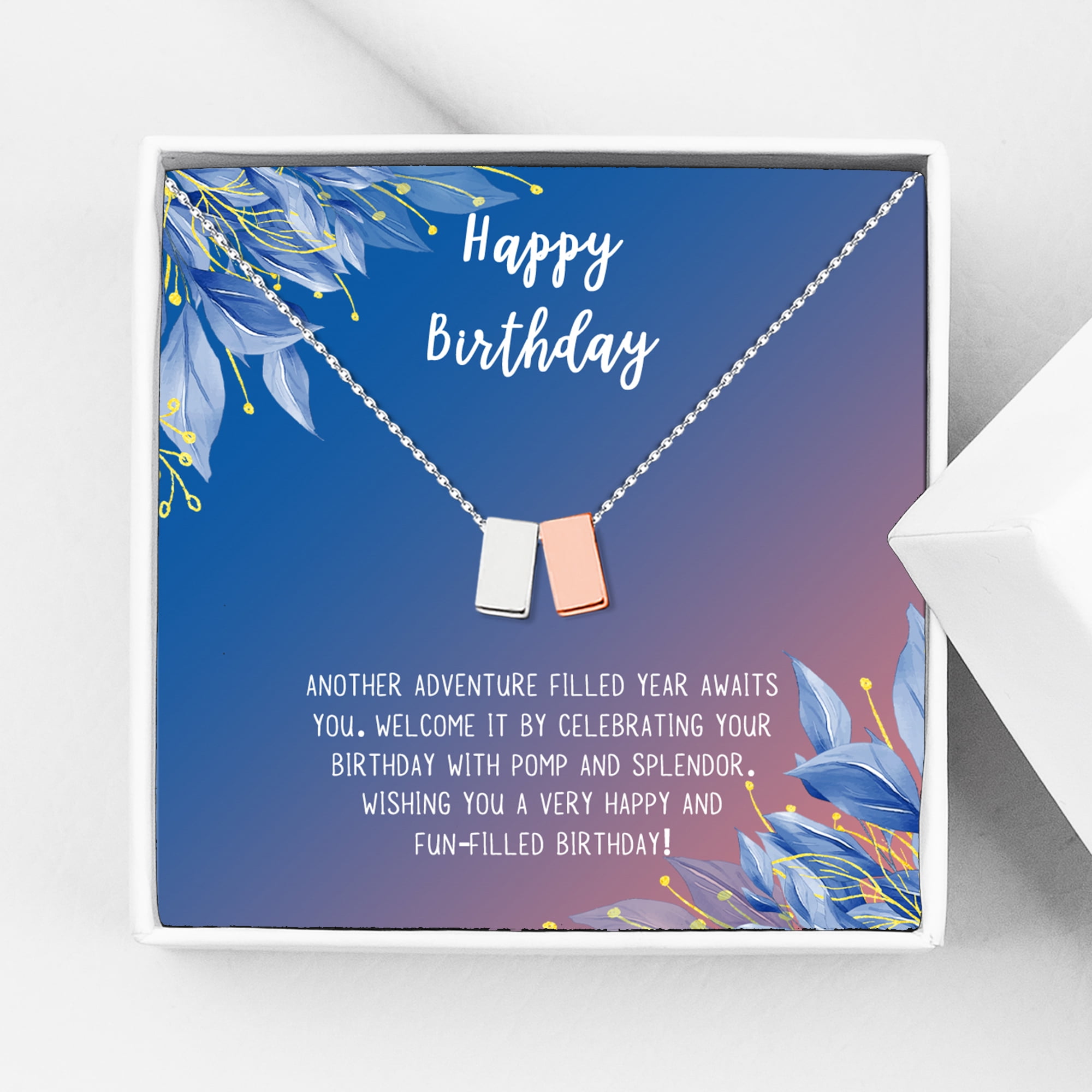 Anavia Happy Birthday Gifts Stainless Steel Fashion Necklace Birthday Card Jewelry Gift for Her, Birthday Gift for Friend-[Silver and Rose Gold Double Cube,Blue-Orange Gift Card]