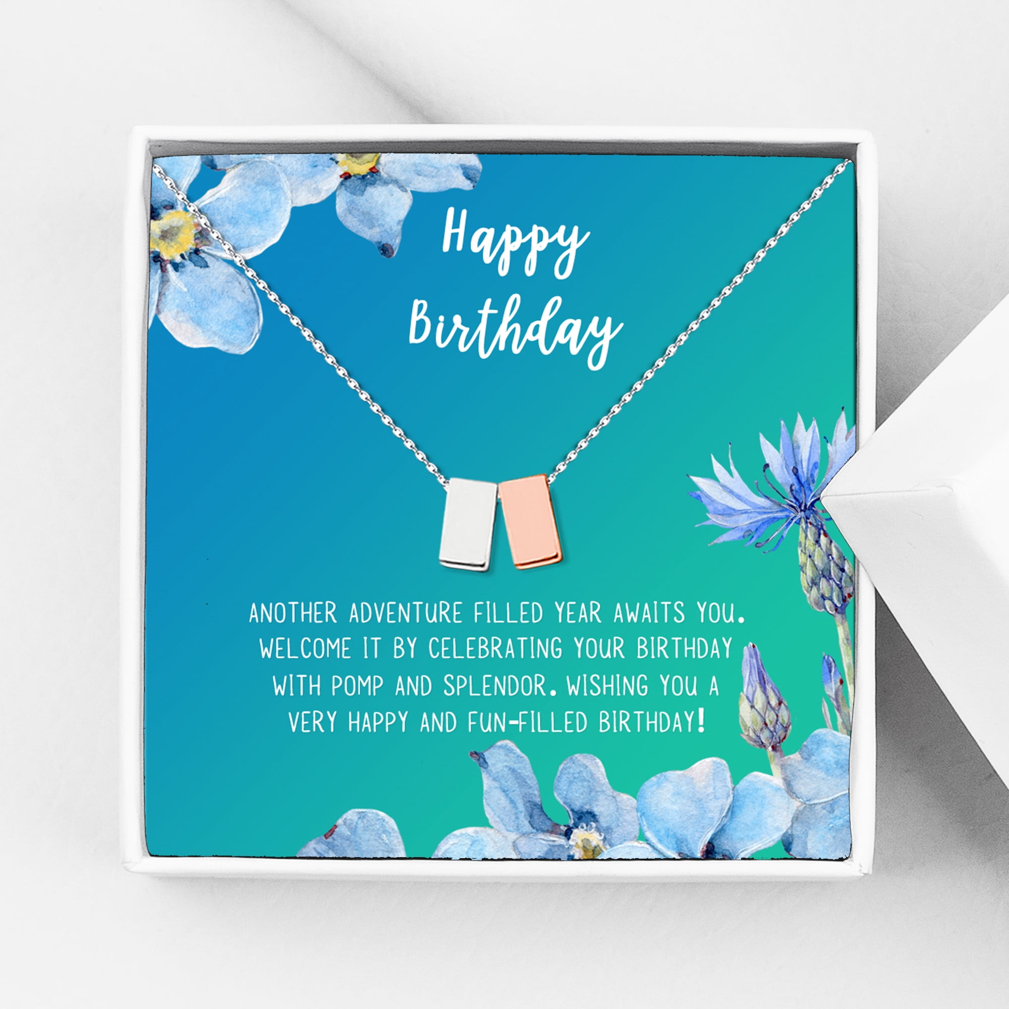 Anavia Happy Birthday Gifts Stainless Steel Fashion Necklace Birthday Card Jewelry Gift for Her, Birthday Gift for Friend-[Silver and Rose Gold Double Cube, Bright Blue Gift Card]