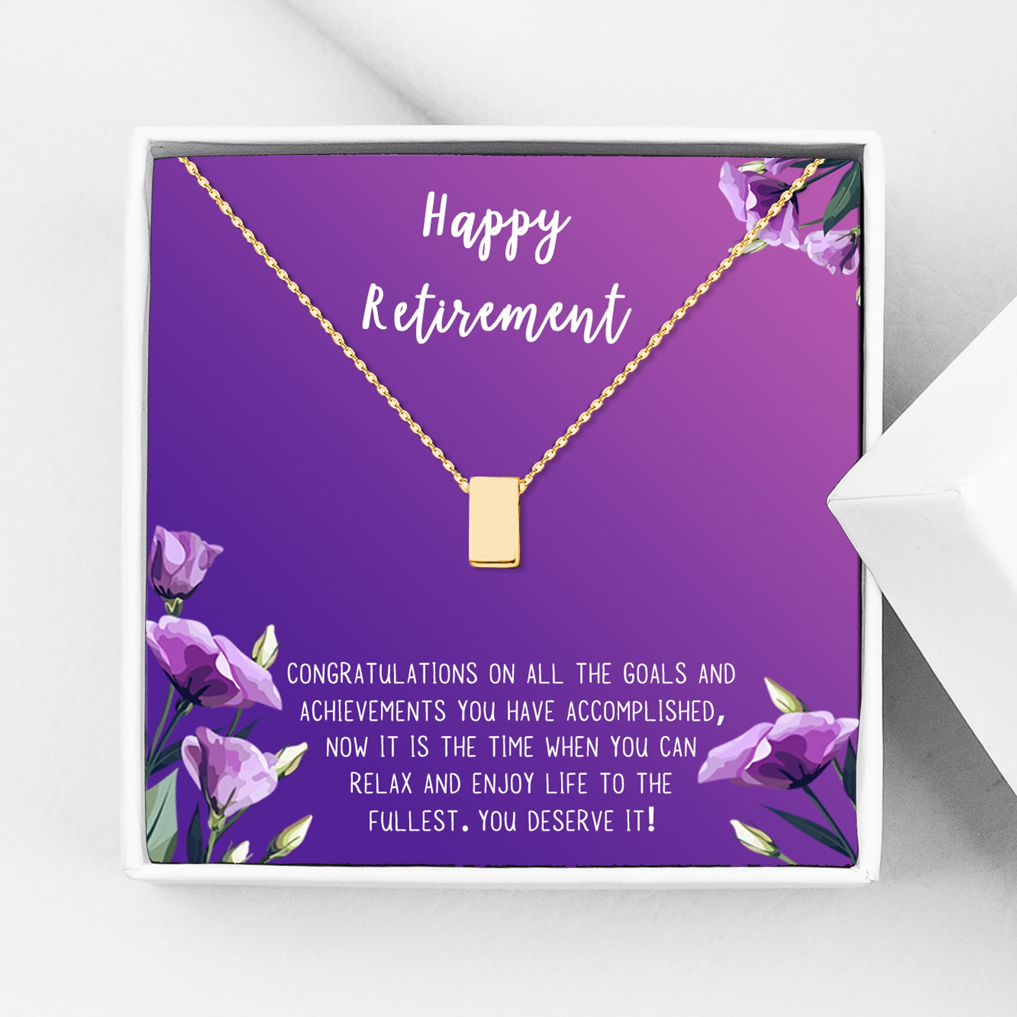 Anavia Happy Retirement Necklace, Retirement Gifts for Women, Retirement Jewelry, Retirement Party Gifts for Retired Teacher Nurse Friend Coworker-[Gold Cube, Royal Purple Gift Card]