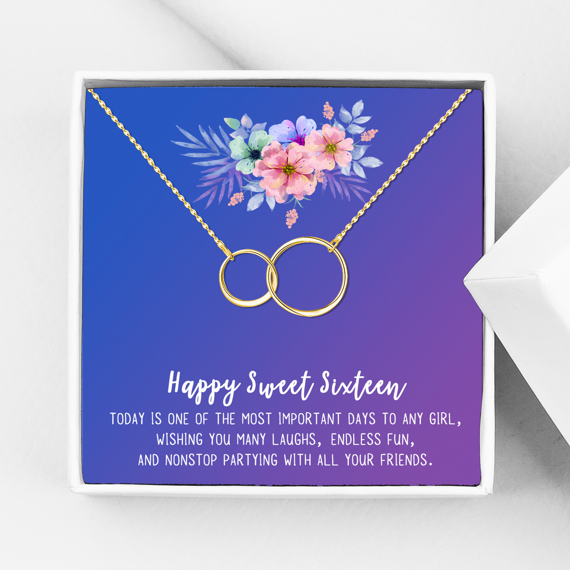 Anavia Happy Sweet Sixteen Necklace, 16th Birthday Card Gift, Daughter Birthday Present, Sweet 20 necklace for Girl-[Gold Infinity Double Ring, Blue-Purple Gift Card]