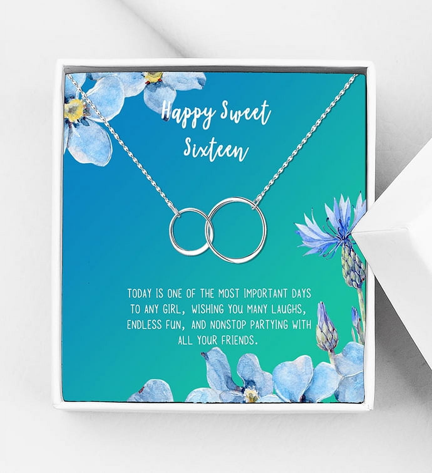 Anavia Happy Sweet Sixteen Necklace, 16th Birthday Card Gift, Daughter Birthday Present, Sweet 25 necklace for Girl-[Silver Infinity Double Ring, Bright Blue Gift Card]