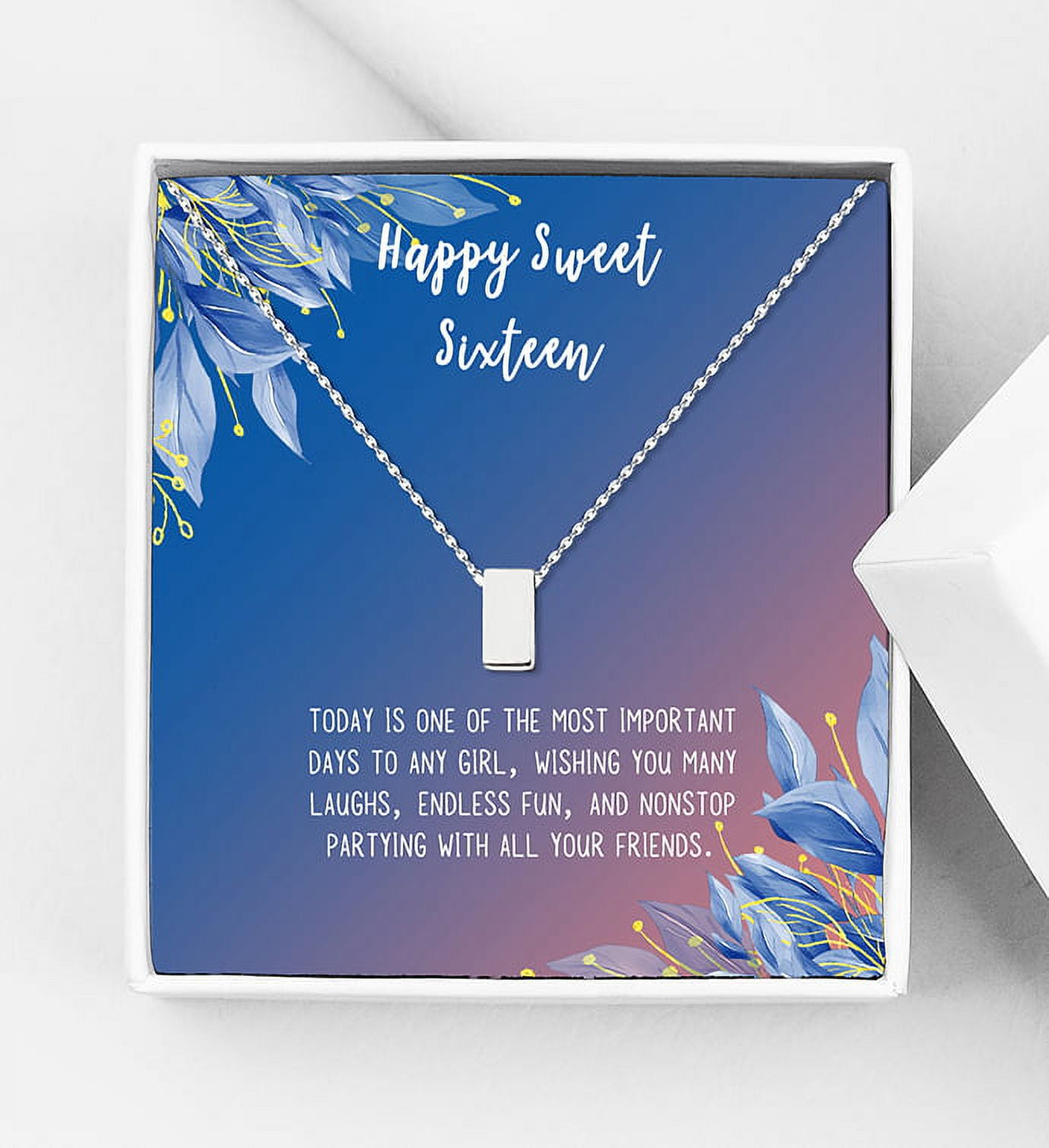 Anavia Happy Sweet Sixteen Necklace, 16th Birthday Card Gift, Daughter Birthday Present, Sweet 34 necklace for Girl-[Silver Cube, Blue-Orange Gift Card]