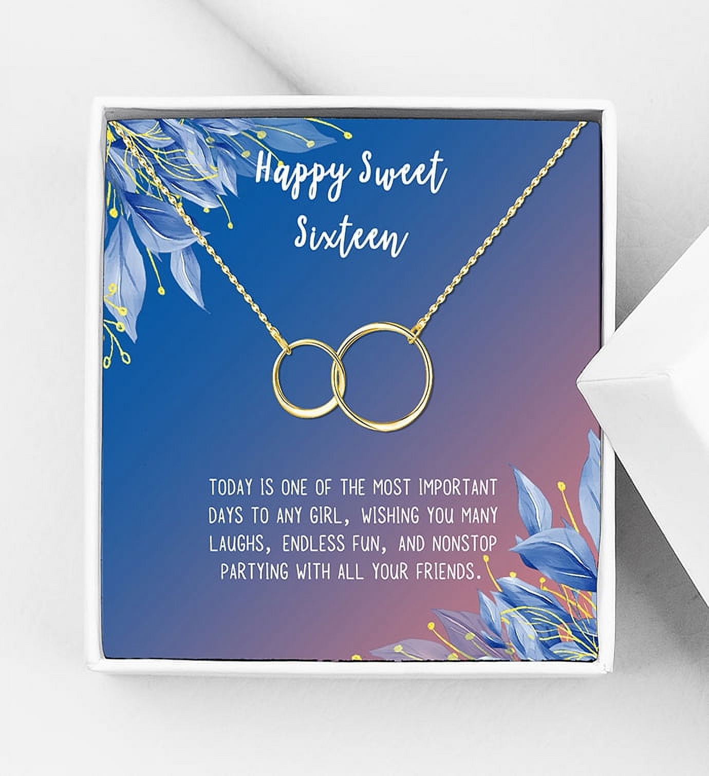 Anavia Happy Sweet Sixteen Necklace, 16th Birthday Card Gift, Daughter Birthday Present, Sweet 38 necklace for Girl-[Gold Infinity Double Ring,Blue-Orange Gift Card]