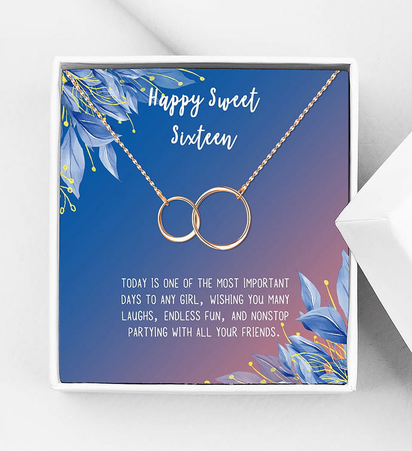 Anavia Happy Sweet Sixteen Necklace, 16th Birthday Card Gift, Daughter Birthday Present, Sweet 39 necklace for Girl-[Rose Gold Infinity Double Ring,Blue-Orange Gift Card]