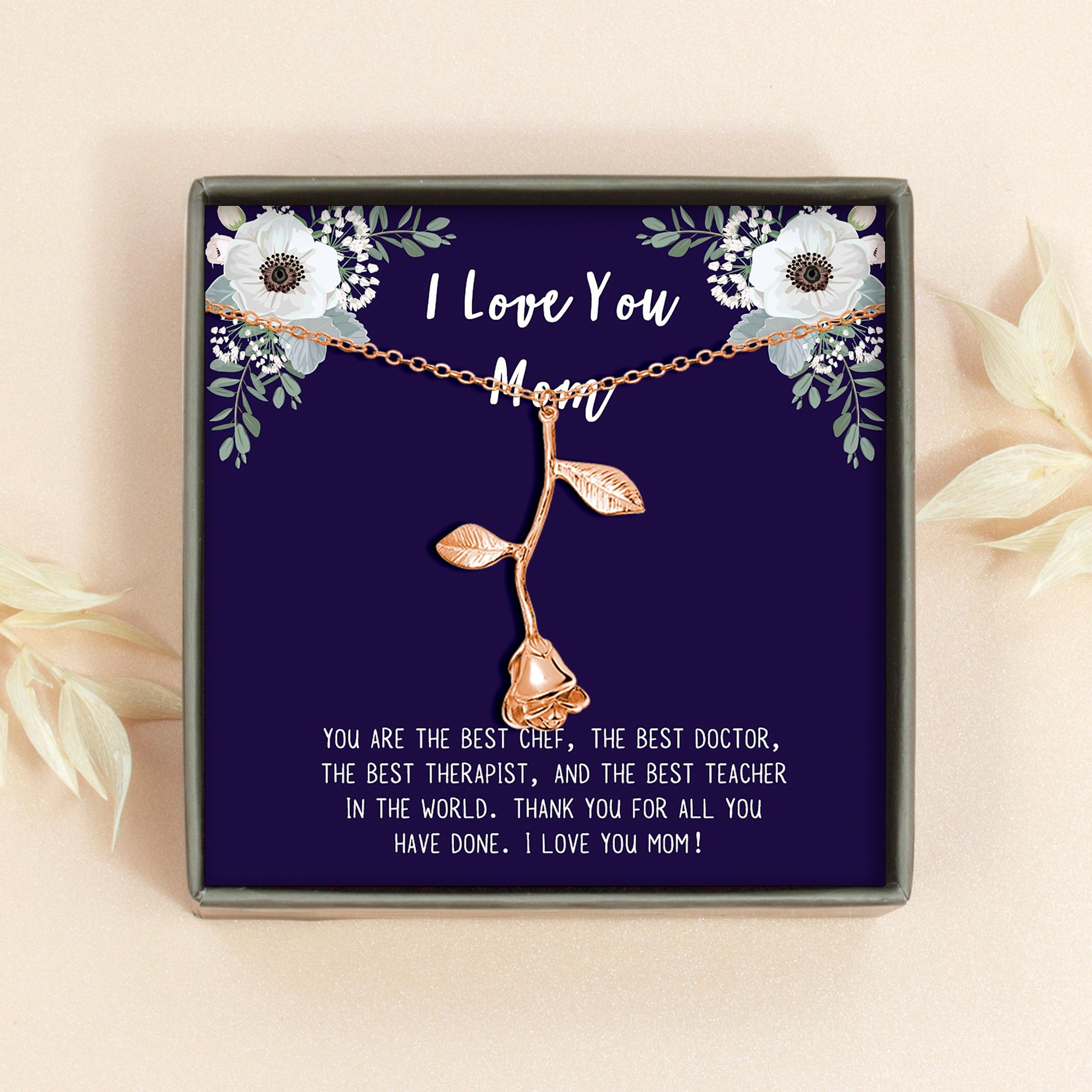 Anavia "I Love You Mom" Mother's Day Rose Necklace With Gift Card, Birthday gift for Mom from daughter [Rose Gold]