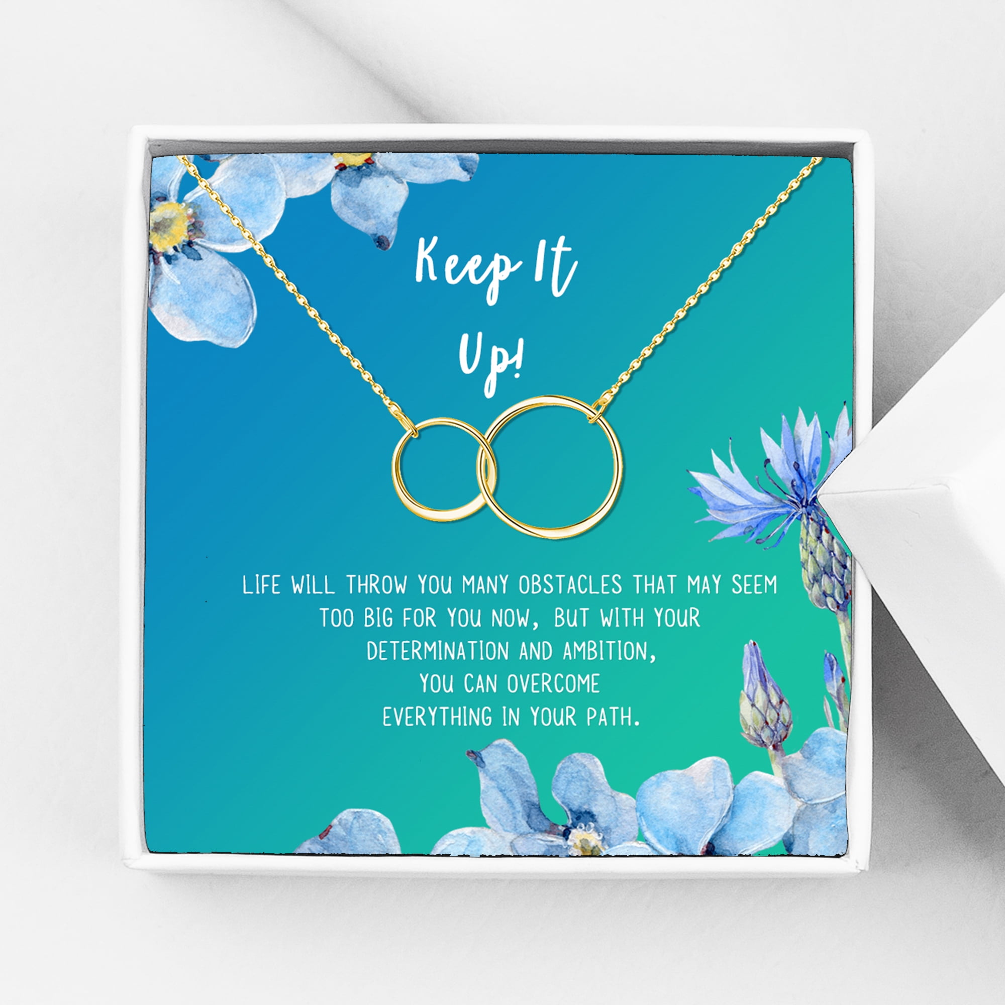 Anavia Keep It Up Card Gift Jewelry, Inspirational Card Necklace, Cheer up Gift, Encouragement Gift for Friend-[Gold Infinity Double Ring, Bright Blue Gift Card]