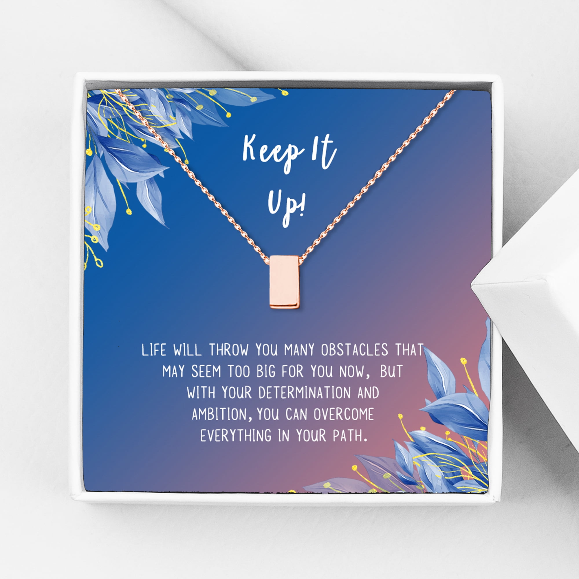 Anavia Keep It Up Card Gift Jewelry, Inspirational Card Necklace, Cheer up Gift, Encouragement Gift for Friend-[Rose Gold Cube, Blue-Orange Gift Card]