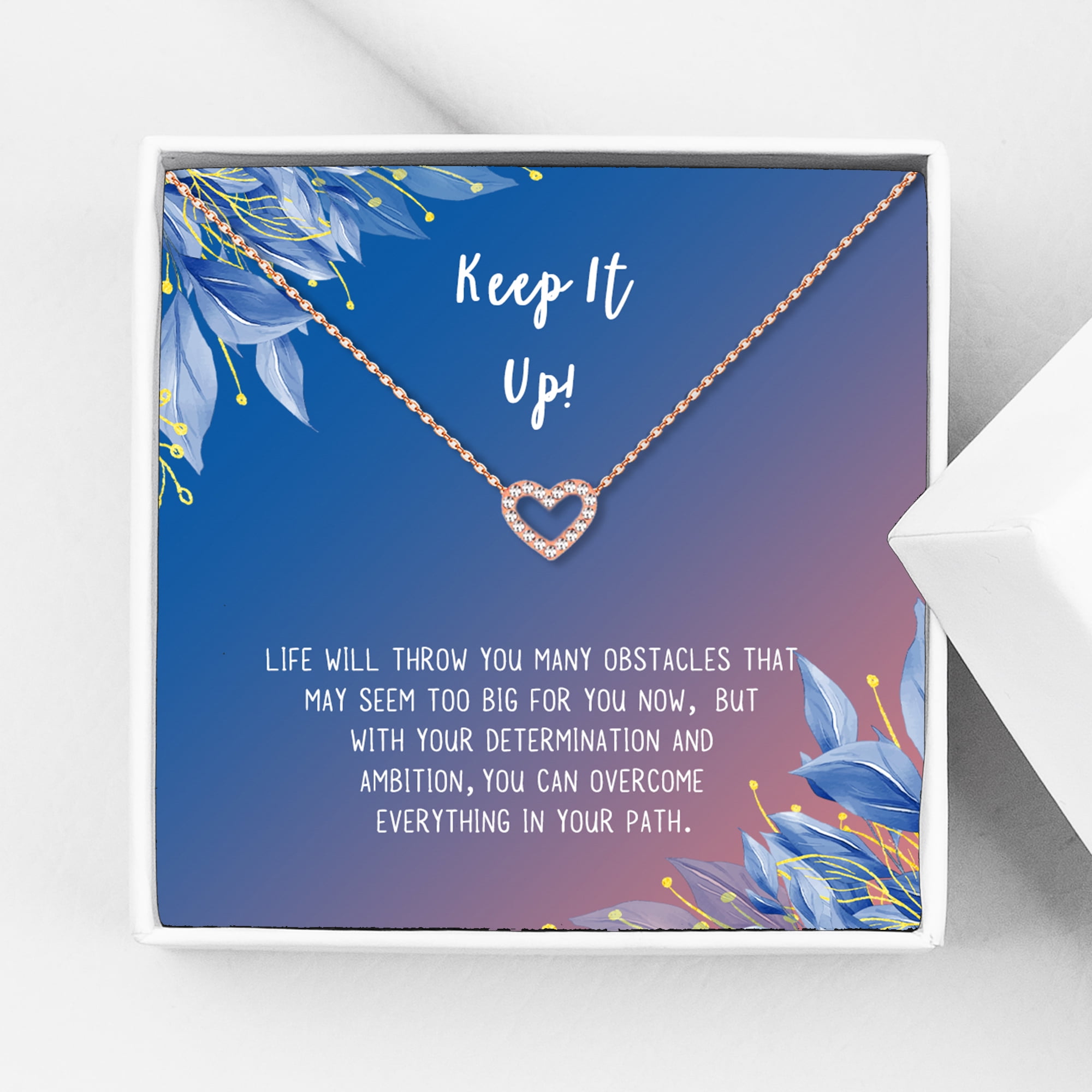 Anavia Keep It Up Card Gift Jewelry, Inspirational Card Necklace, Cheer up Gift, Encouragement Gift for Friend-[Rose Gold Mini Crystal Heart, Blue-Orange Gift Card]