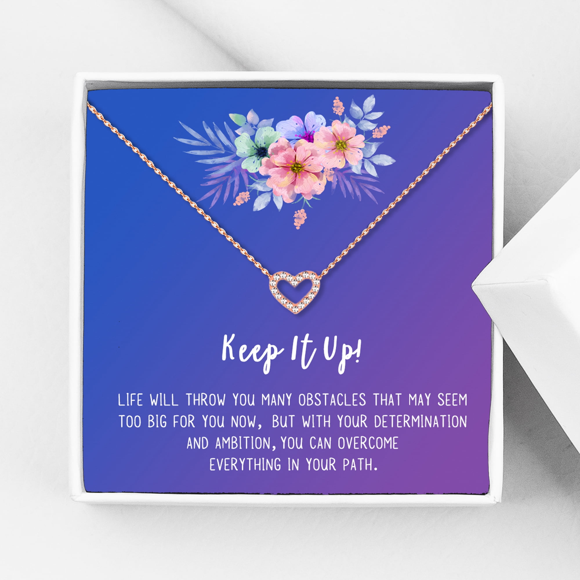 Anavia Keep It Up Card Gift Jewelry, Inspirational Card Necklace, Cheer up Gift, Encouragement Gift for Friend-[Rose Gold Mini Crystal Heart, Blue-Purple Gift Card]