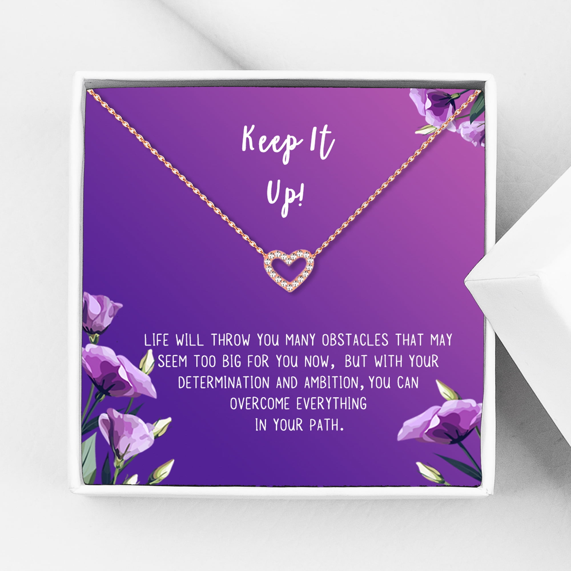Anavia Keep It Up Card Gift Jewelry, Inspirational Card Necklace, Cheer up Gift, Encouragement Gift for Friend-[Rose Gold Mini Crystal Heart,Royal Purple Gift Card]