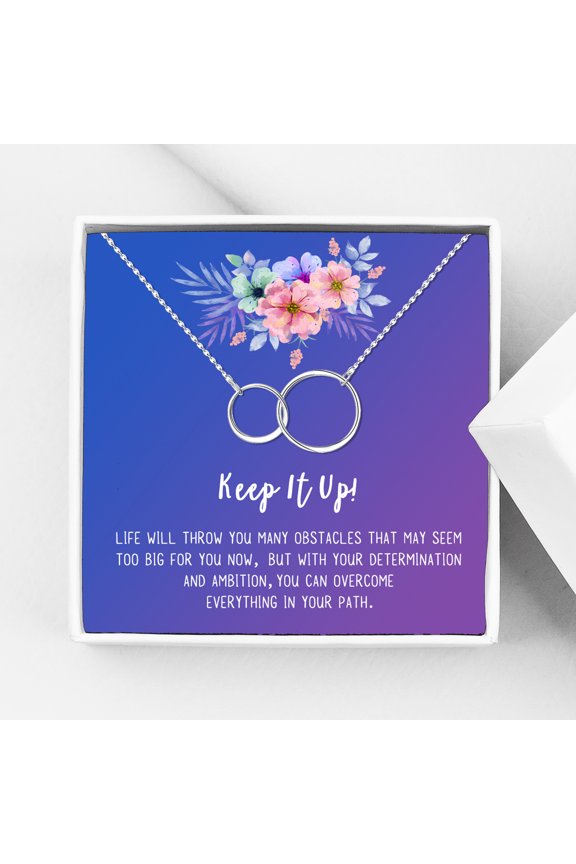 Keep It Up Card Gift Jewelry, Inspirational Card Necklace, Cheer up Gift, Encouragement Gift for Friend-[Silver Infinity Double Ring, Blue-Purple Gift Card]