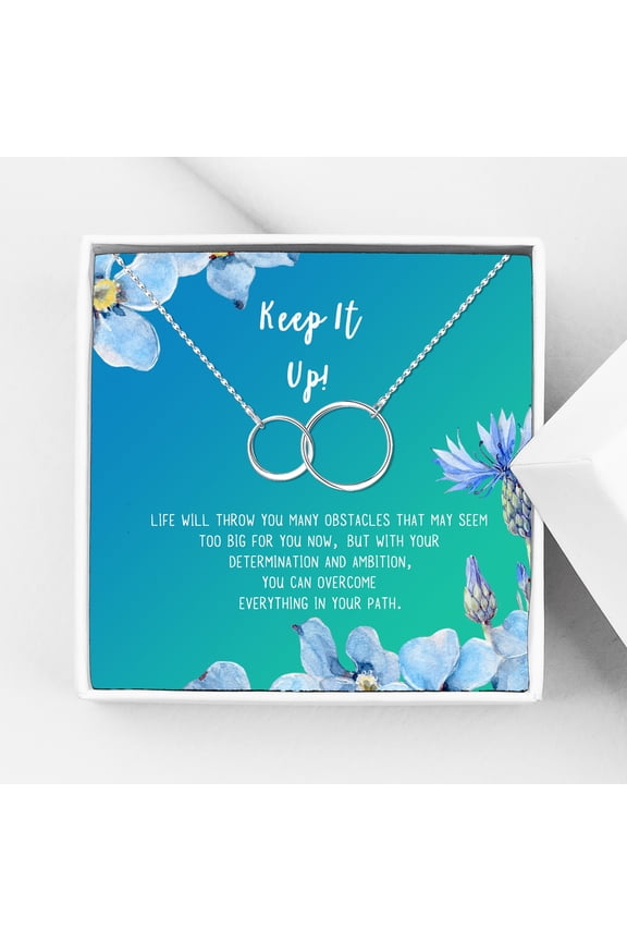 Keep It Up Card Gift Jewelry, Inspirational Card Necklace, Cheer up Gift, Encouragement Gift for Friend-[Silver Infinity Double Ring, Bright Blue Gift Card]