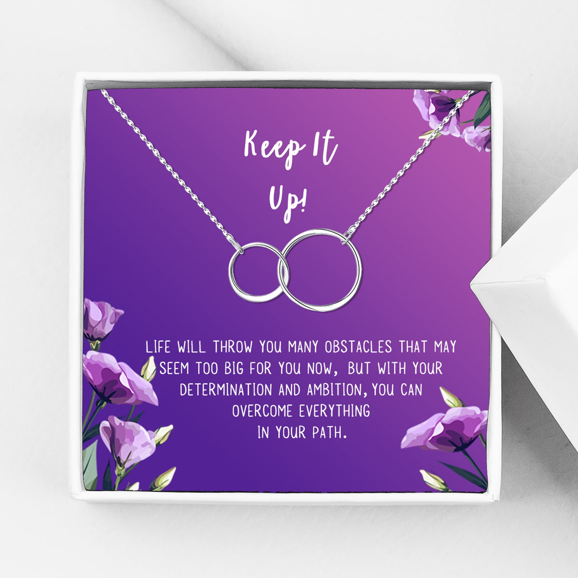 Anavia Keep It Up Card Gift Jewelry, Inspirational Card Necklace, Cheer up Gift, Encouragement Gift for Friend-[Silver Infinity Double Ring,Royal Purple Gift Card]