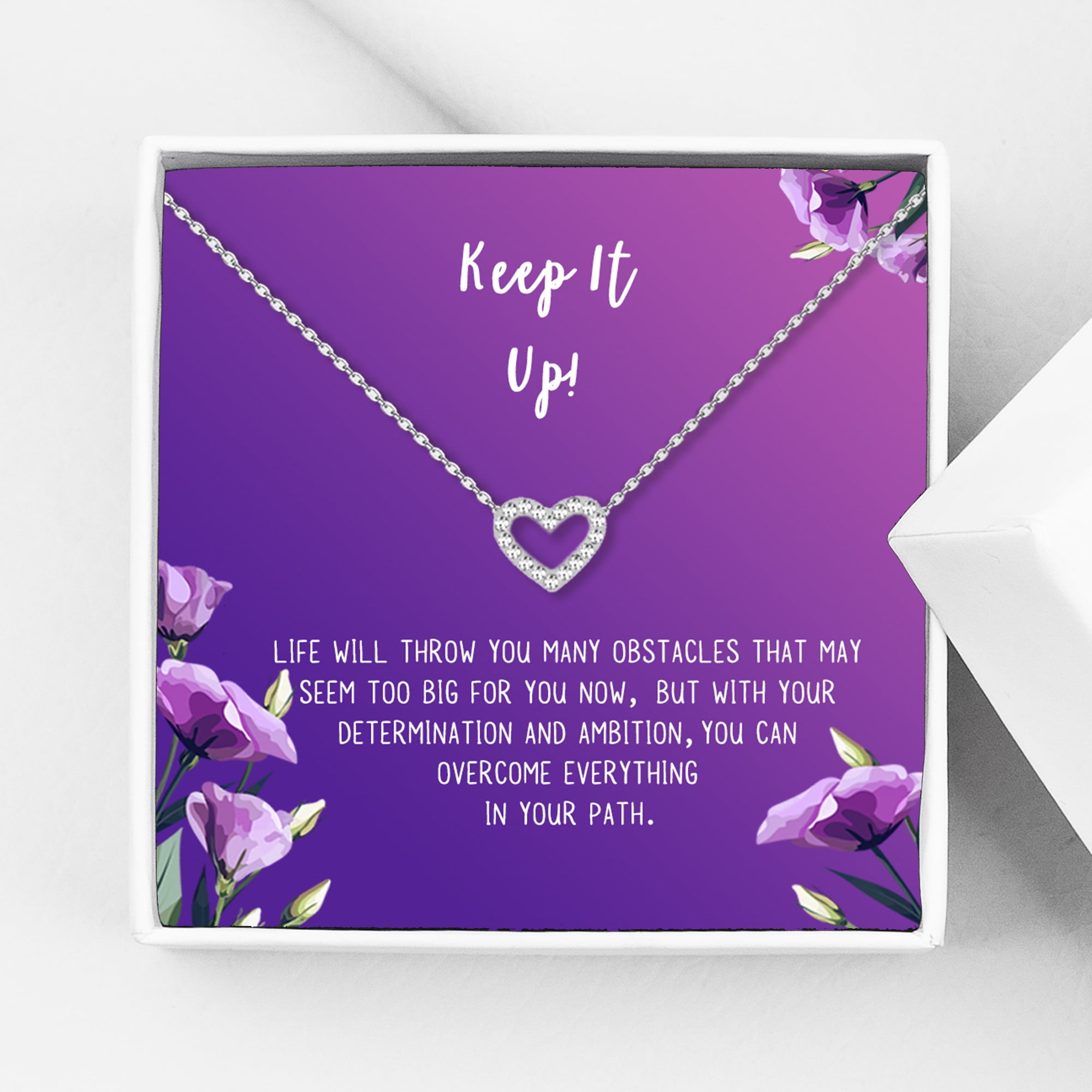 Anavia Keep It Up Card Gift Jewelry, Inspirational Card Necklace, Cheer up Gift, Encouragement Gift for Friend-[Silver Mini Crystal Heart,Royal Purple Gift Card]