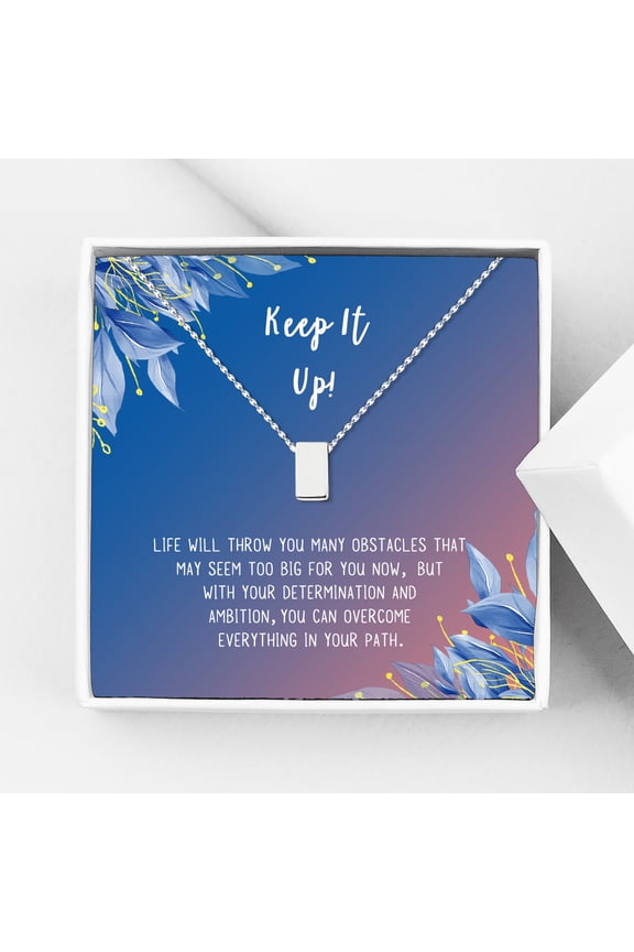 Keep It Up Card Gift Jewelry, Inspirational Card Necklace, Cheer up Gift, Encouragement Gift for Friend-[Silver Cube, Blue-Orange Gift Card]