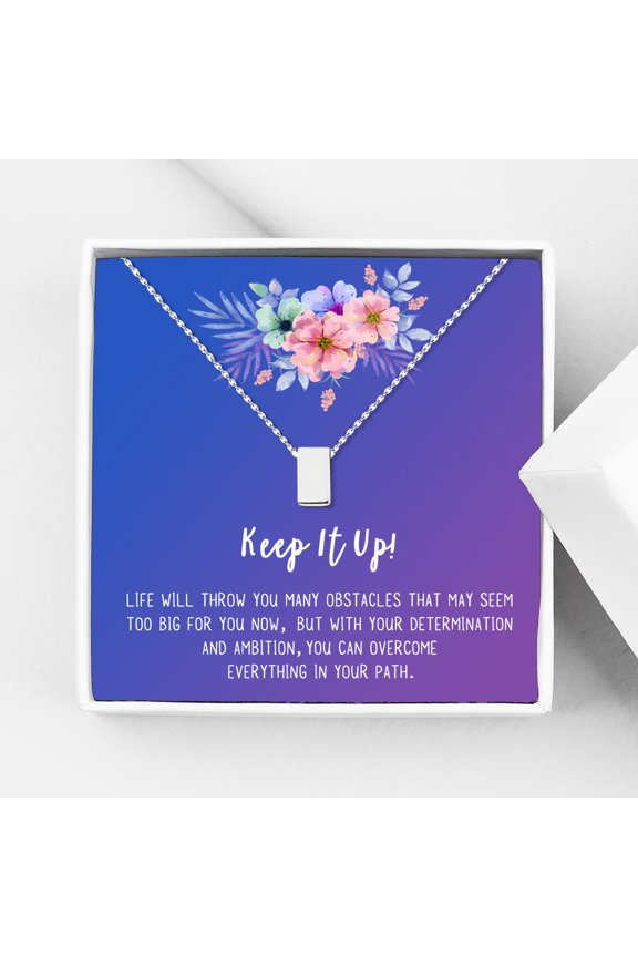 Keep It Up Card Gift Jewelry, Inspirational Card Necklace, Cheer up Gift, Encouragement Gift for Friend-[Silver Cube, Blue-Purple Gift Card]