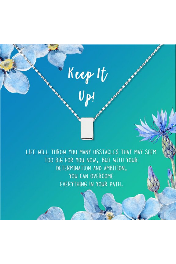 Keep It Up Card Gift Jewelry, Inspirational Card Necklace, Cheer up Gift, Encouragement Gift for Friend-[Silver Cube, Bright Blue Gift Card]
