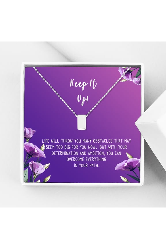 Keep It Up Card Gift Jewelry, Inspirational Card Necklace, Cheer up Gift, Encouragement Gift for Friend-[Silver Cube,Royal Purple Gift Card]