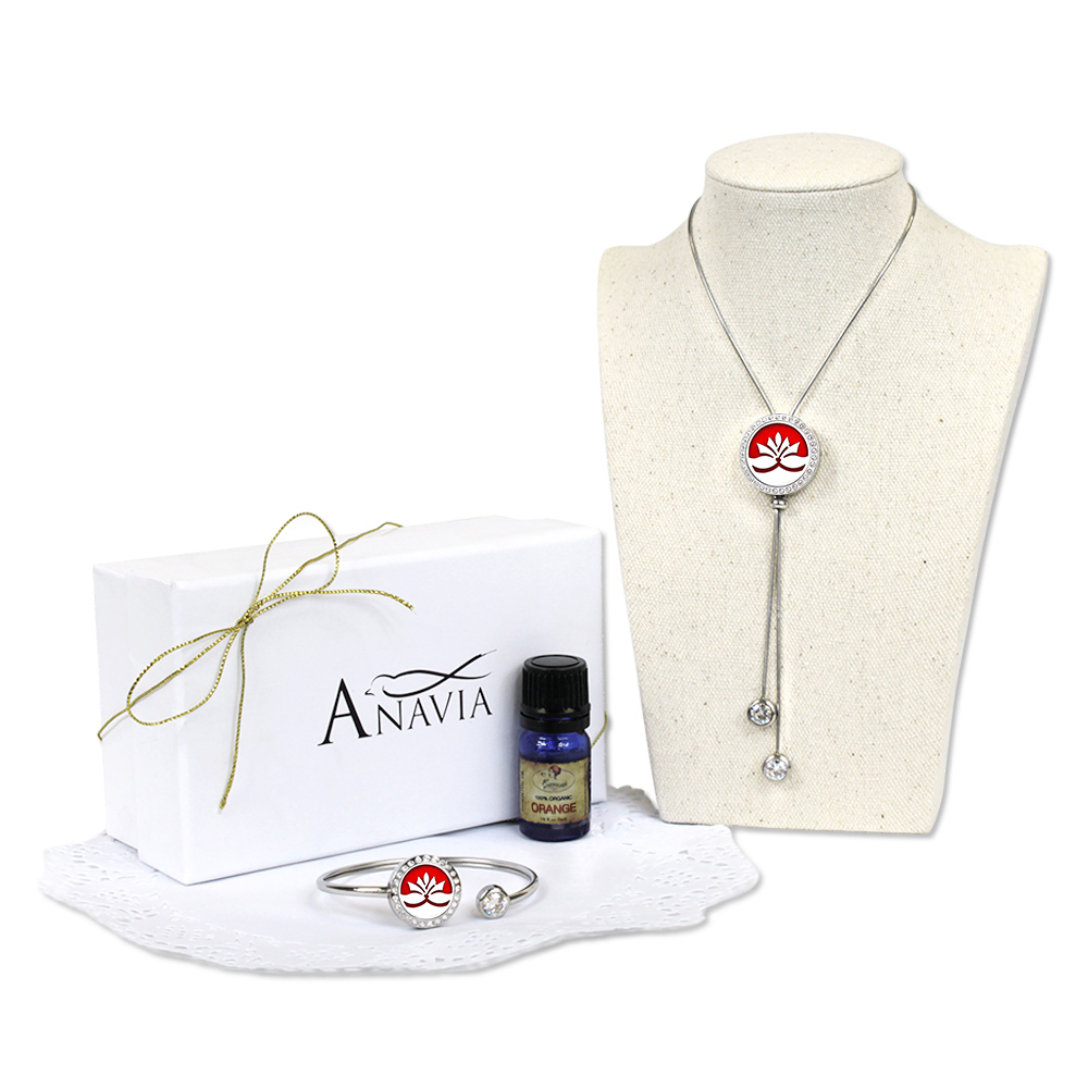 Anavia Lotus Aromatherapy Mother's Day Gift for Mom Slider Necklace and Twistable Cuff Bangle With Orange Essencial Oil Gift Set for Mom with Gift Box