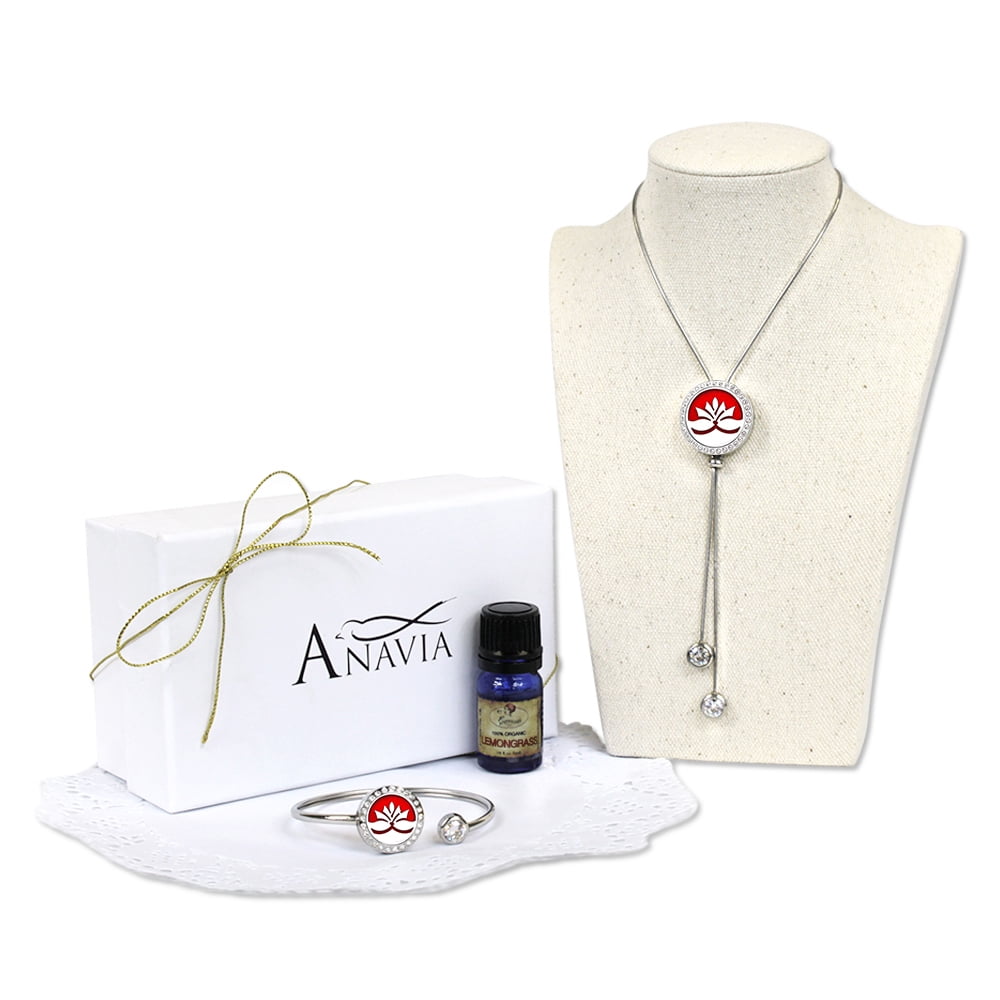 Anavia Lotus Aromatherapy Mother's Day Gift For Her Slider Necklace and Twistable Cuff Bangle With Lemongrass Essencial Oil Gift Set For Mom with Gift Box